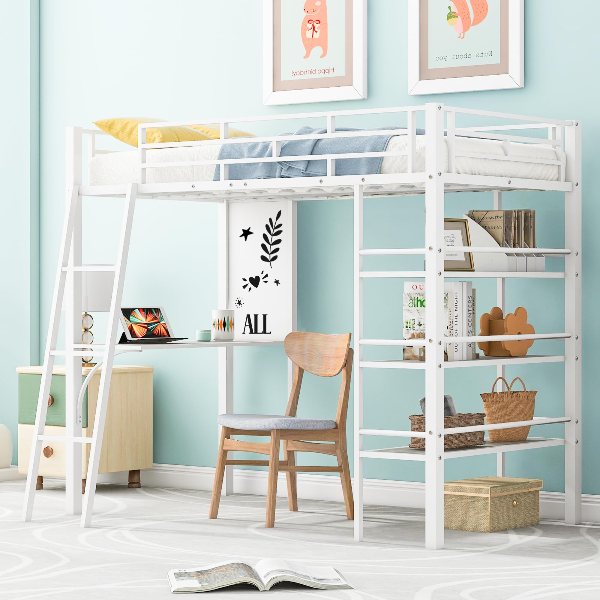 BOVZA Twin Size Loft Bed with Study Desk, Whiteboard & 3 Storage Shelves - Sturdy Metal Frame with Ladder & Safety Rails for Kids & Teens - Space-Saving Bedroom Solution for Small Rooms, Dorms & Apartments - White