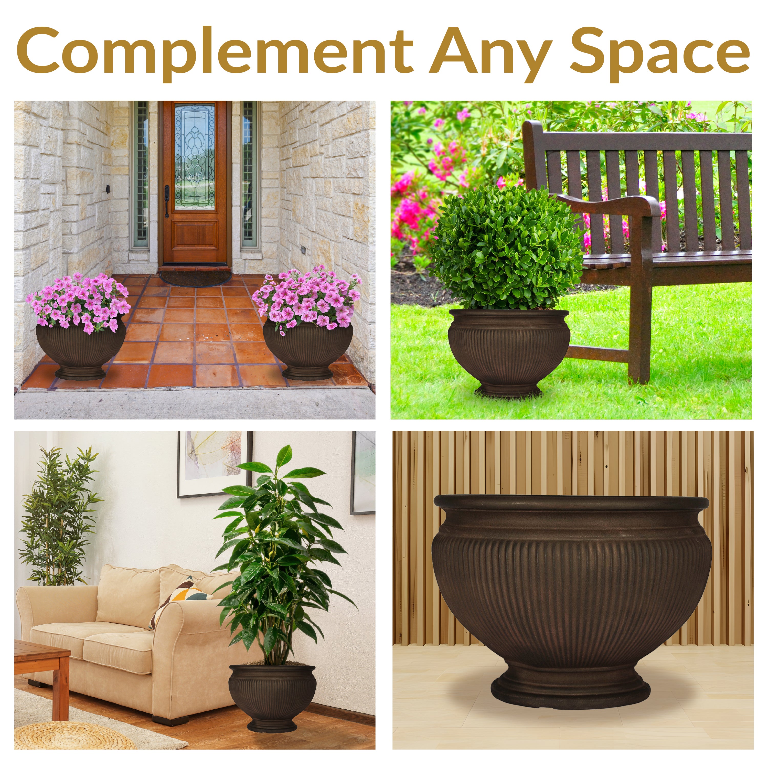 Sunnydaze Elizabeth Ribbed Outdoor Garden Planter Urn - Rust Resistant 15 Inch - Perfect for Patio, Porch, and Garden Decor