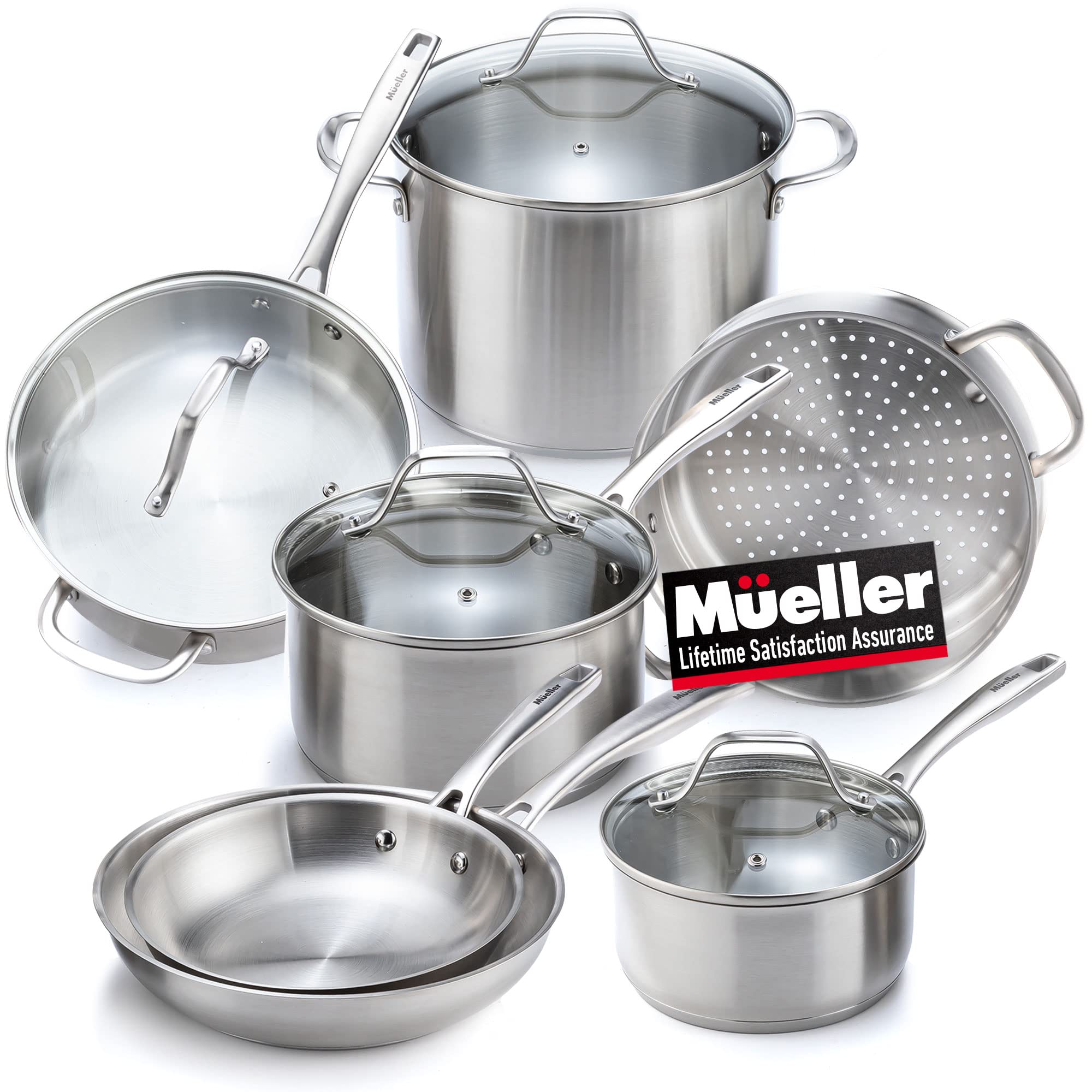 Mueller Ultra-Clad Pro 11-Piece Stainless Steel Cookware Set – Saucepans, Skillets, Stockpot, Sauté Pan & Steamer with Ergonomic EverCool Handles | Perfect for Home Cooking, Professional Kitchens & Gourmet Meal Prep