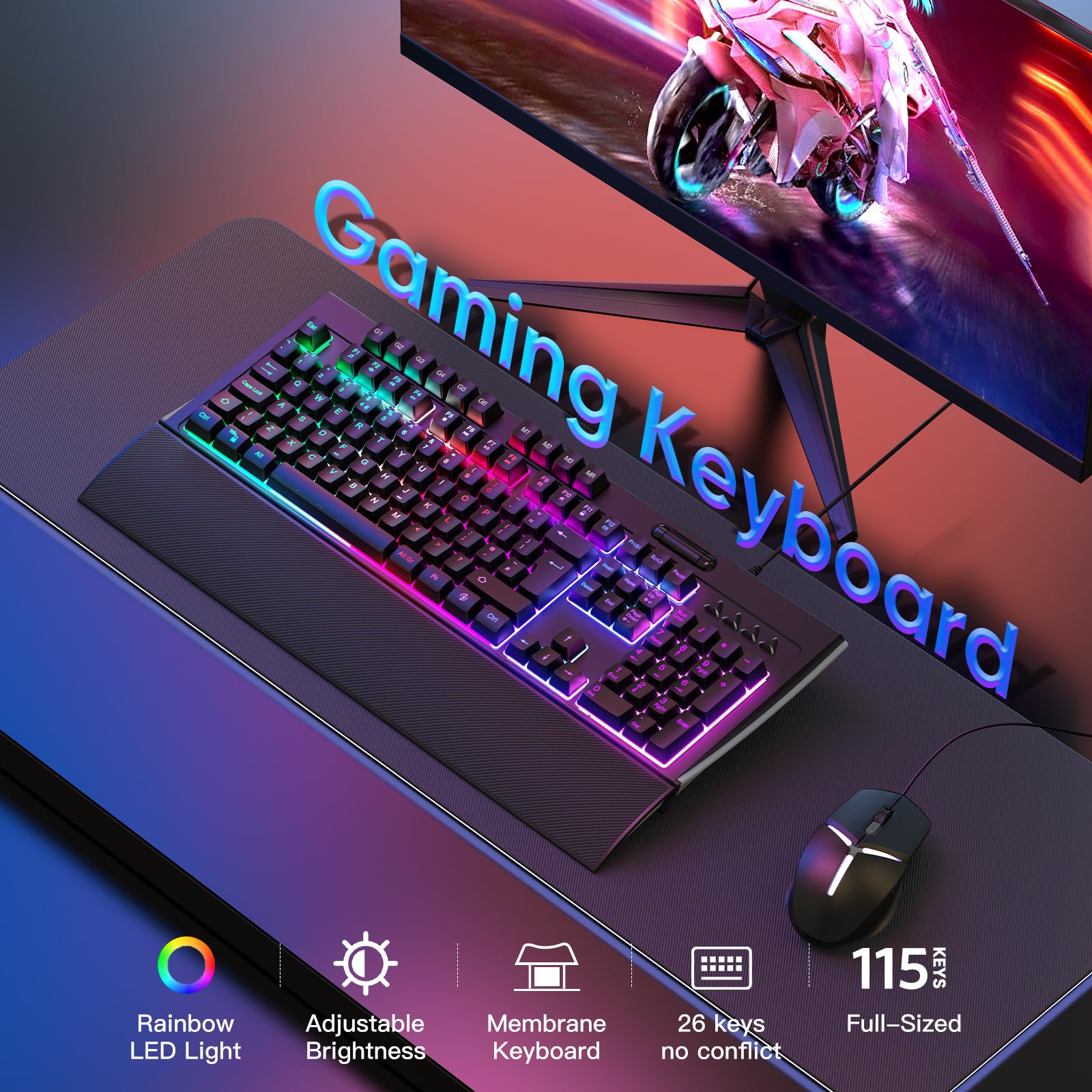 OMOTON RGB Gaming Keyboard with Wrist Rest - Ergonomic Silent USB Keyboard for PC Gaming & Office Work