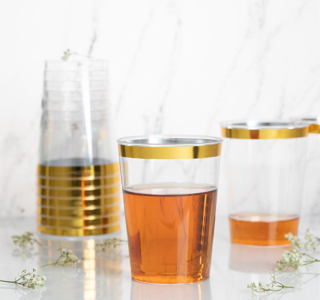 50 Pack 8 oz Plastic Round Tumblers with Gold Rim - Elegant Disposable Cups for Parties, Weddings, and Events - BPA-Free Drinkware for Cocktails, Iced Coffee, and Beverages