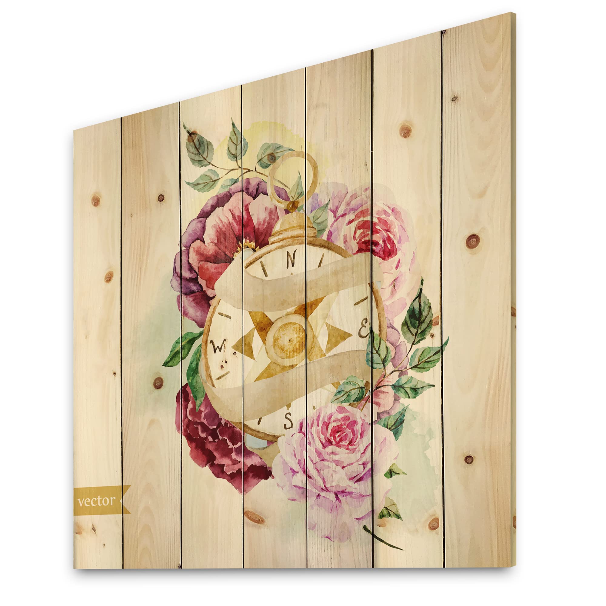 DesignQ Floral Compass Traditional Wood Wall Decor - Pink Large Floral Wood Wall Art Panel, Natural Pine Wood Printed Home Decor | Perfect for Living Room, Bedroom & Office Wall Decoration