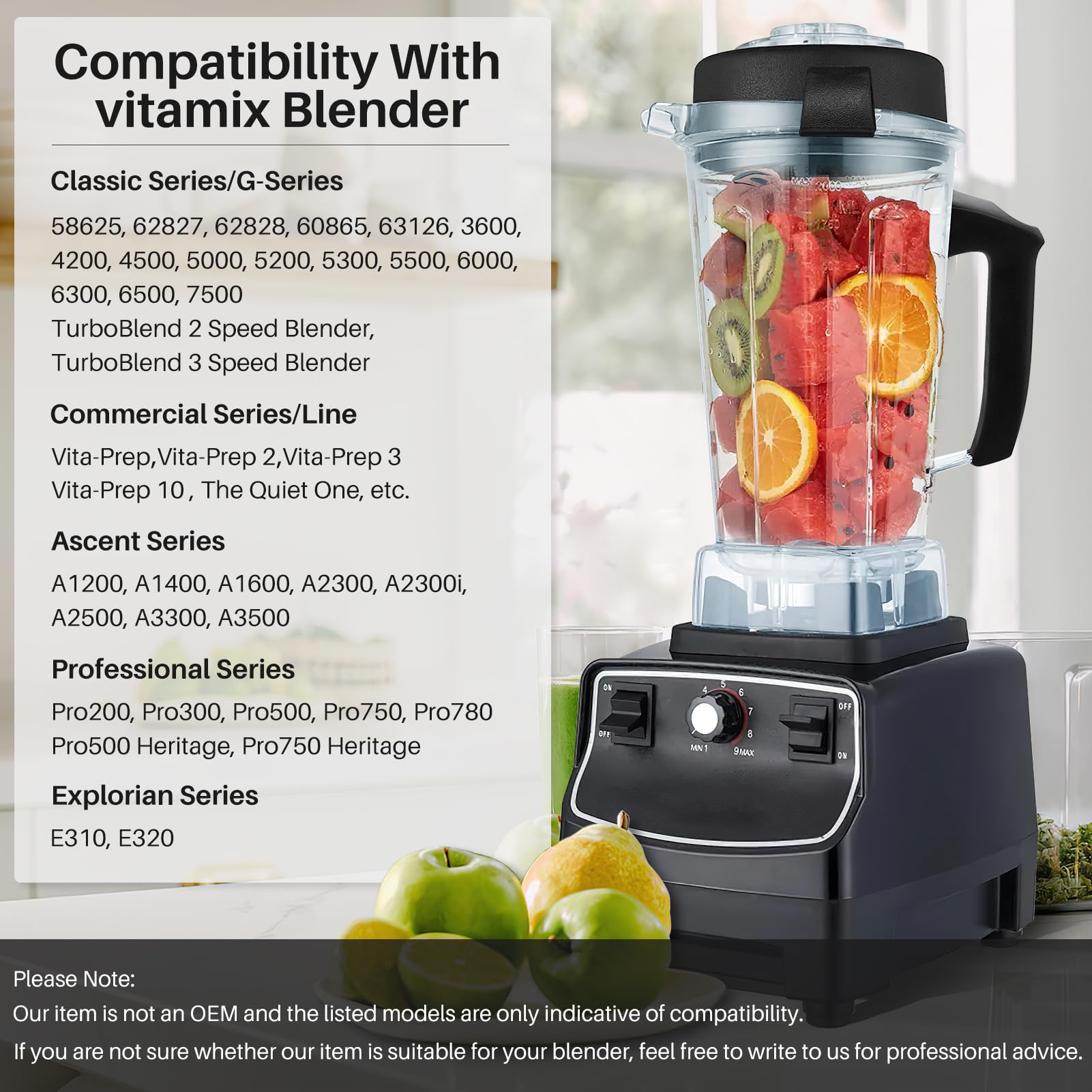 64oz Vitamix Blender Pitcher Replacement with Tamper - Compatible with Vitamix 5200 5300 6000 6300 6500 5000 5500 7500 4500 A2300 Series - Durable Blender Container Jar for Smoothies, Soups & Nut Butters - 1 Year Warranty