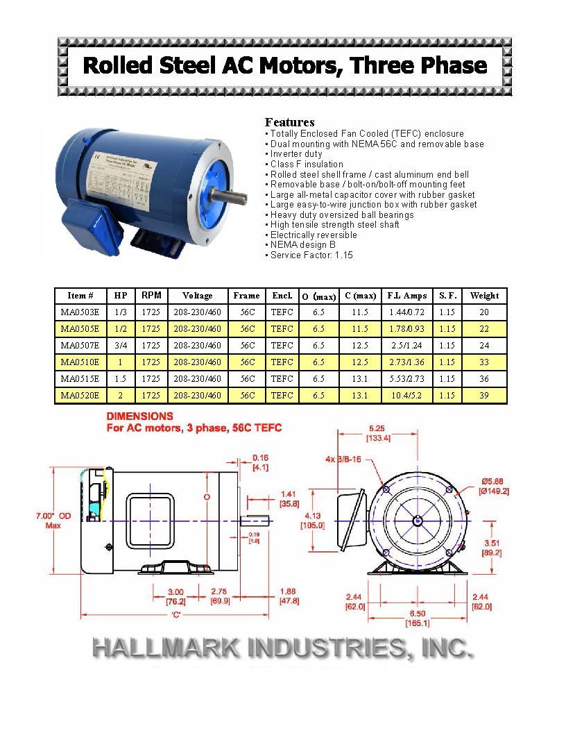 Hallmark Industries MA0505E 1/2 HP AC Motor - 1725 RPM, 3 Phase 60Hz, 208-230/460V, 56C Frame TEFC with Foot, SF 1.15, Class F Insulation, Inverter Duty (Single Unit) - Ideal for Industrial Pumps, Fans, and Conveyor Systems