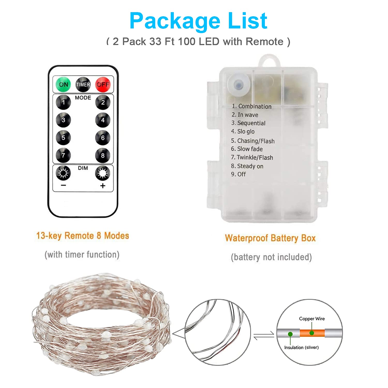 Homemory 2 Pack 33ft 100 LED Battery Operated Fairy String Lights with Remote - Waterproof Silver Wire Christmas Lights, 8 Lighting Modes for Halloween, Bedroom, Party, Wedding & Outdoor Decor