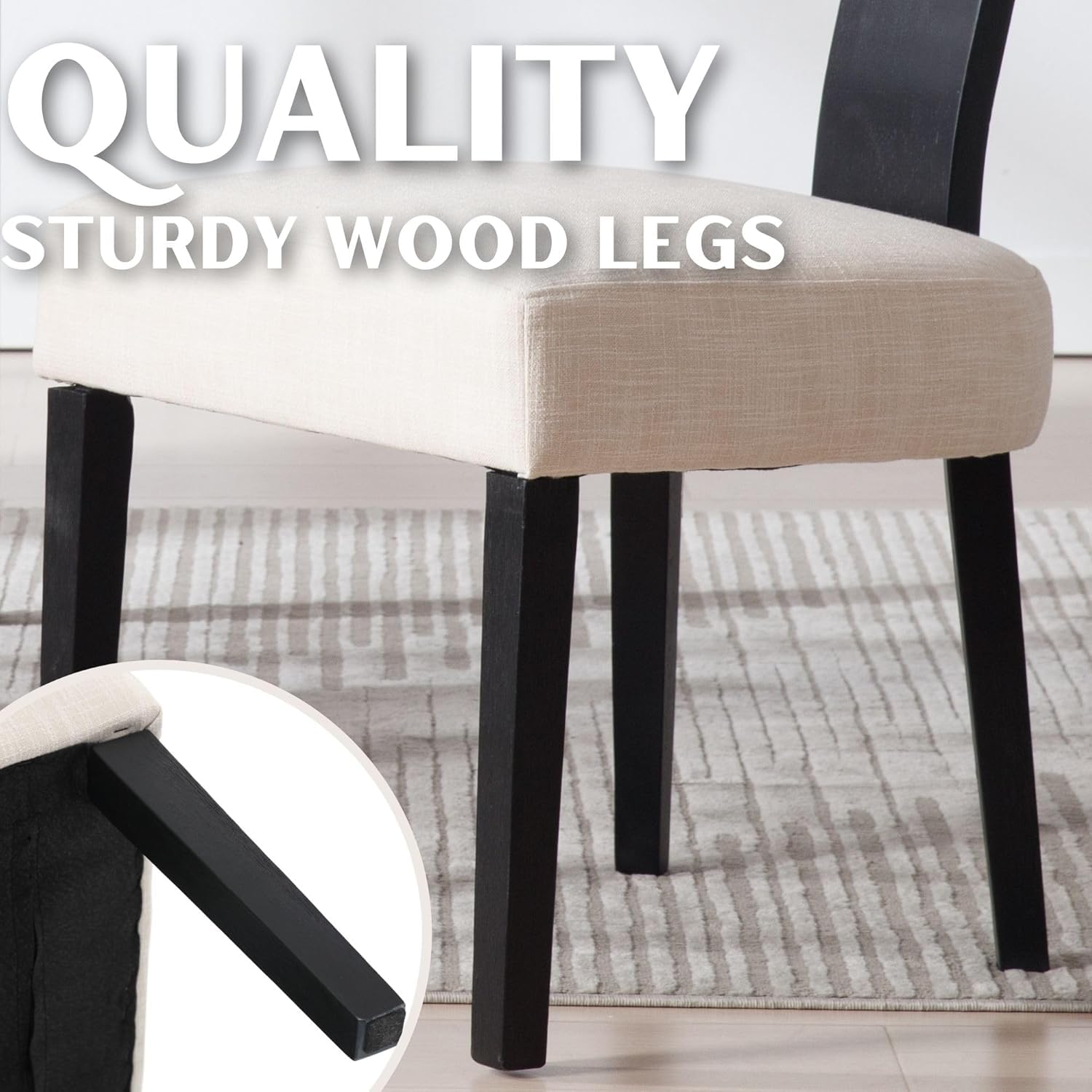 4 Rattan Dining Chairs Set - Modern Cane Back Upholstered Linen Chairs with Black Wood Frame (Beige) - Perfect for Kitchen, Dining Room, Restaurant & Outdoor Patio Seating