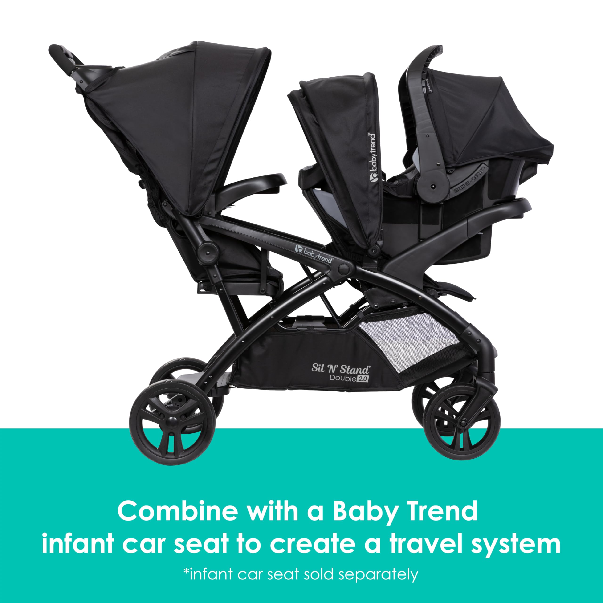 Baby Trend Sit N' Stand Double 2.0 Stroller - Lightweight Convertible Stroller for 2 Kids, Adjustable Canopy & Cup Holders, Dash Black - Perfect for Shopping, Travel & Family Outings