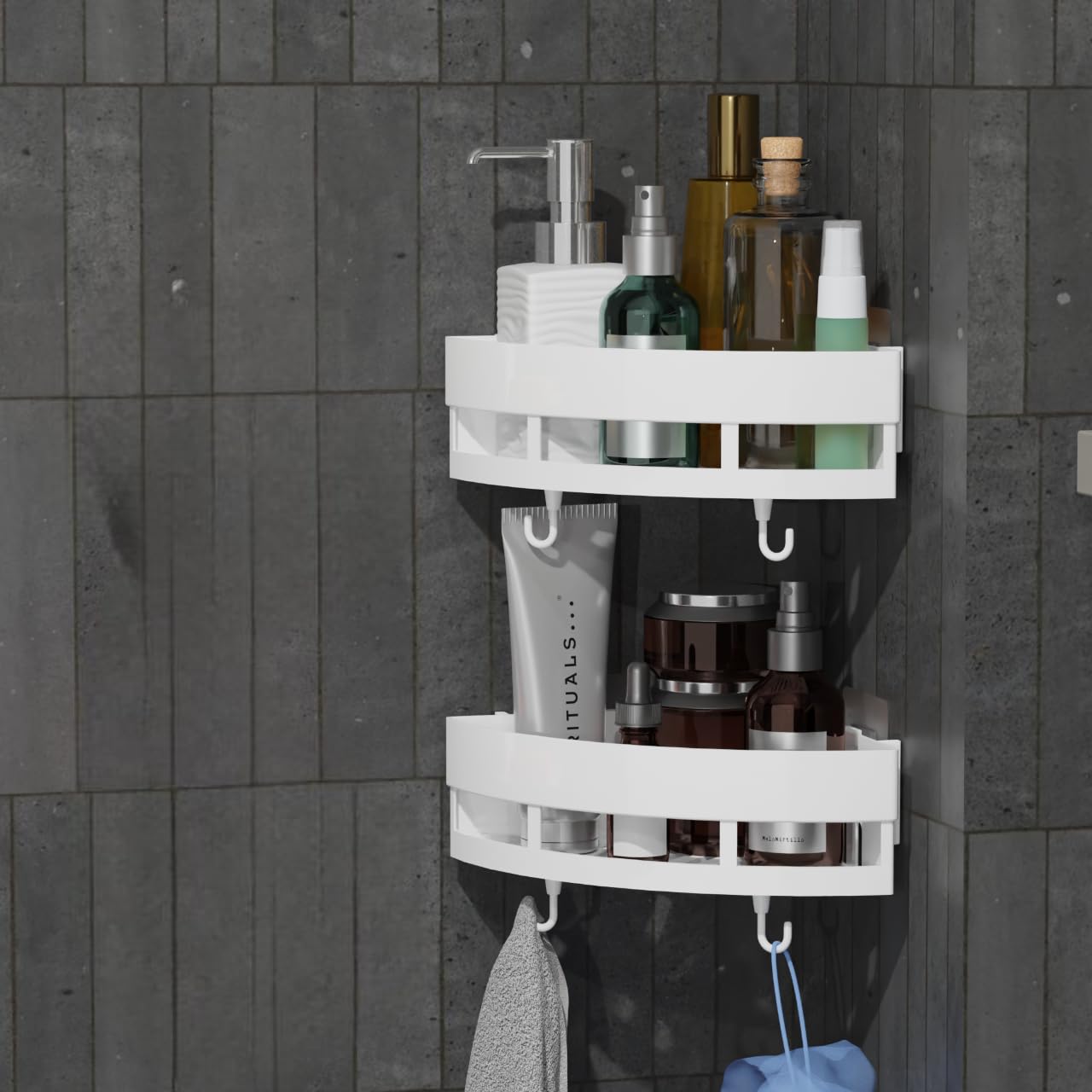 QXORE No-Drill Plastic Bathroom Shelf & Cabinet - Space-Saving Corner Storage Organizer for Bathroom & Kitchen Accessories (White, 1-Pack) - Perfect for Small Spaces, Apartments & Rental Homes