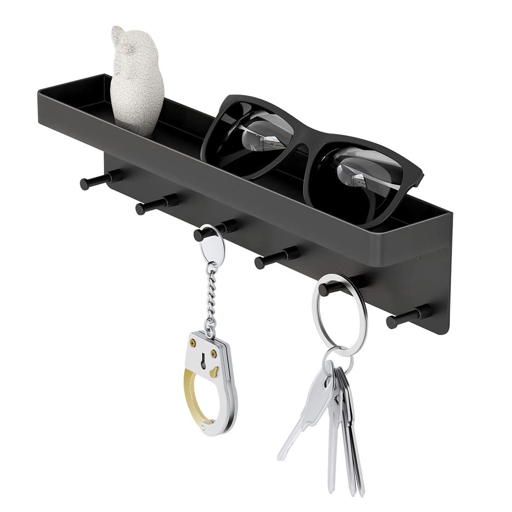 6-Hook Wall Mount Key Holder with Mail Organizer - No Drill Adhesive Key Rack with Tray for Entryway, Hallway, Kitchen & Office - Perfect for Home Organization & Space Saving (Black)