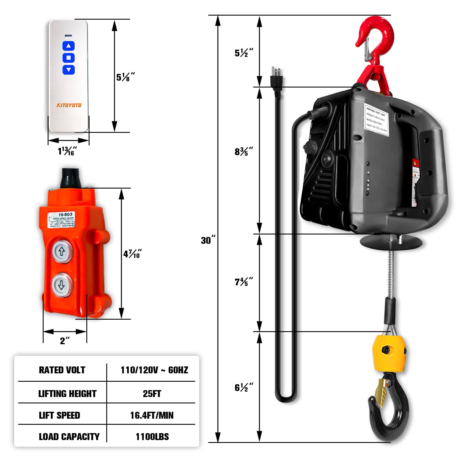 3-in-1 Electric Hoist Winch 1100 Lbs Capacity - Portable Winch with Manual/Cable/Remote Control, Overload Protection & 25ft Lifting Height - Ideal for Factory, Warehouse, Garage, and DIY Lifting Projects