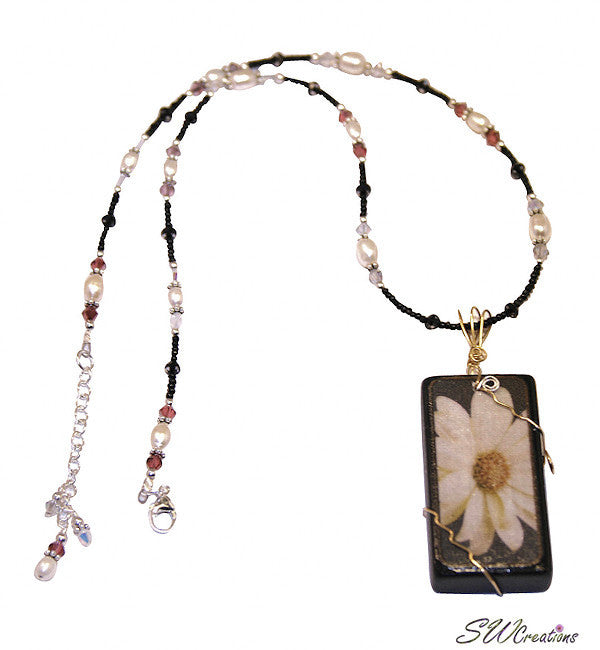 Elegant Black Satin Pearl Daisy Domino Necklace - Vintage Inspired Jewelry for Women - Perfect for Weddings, Parties & Special Occasions