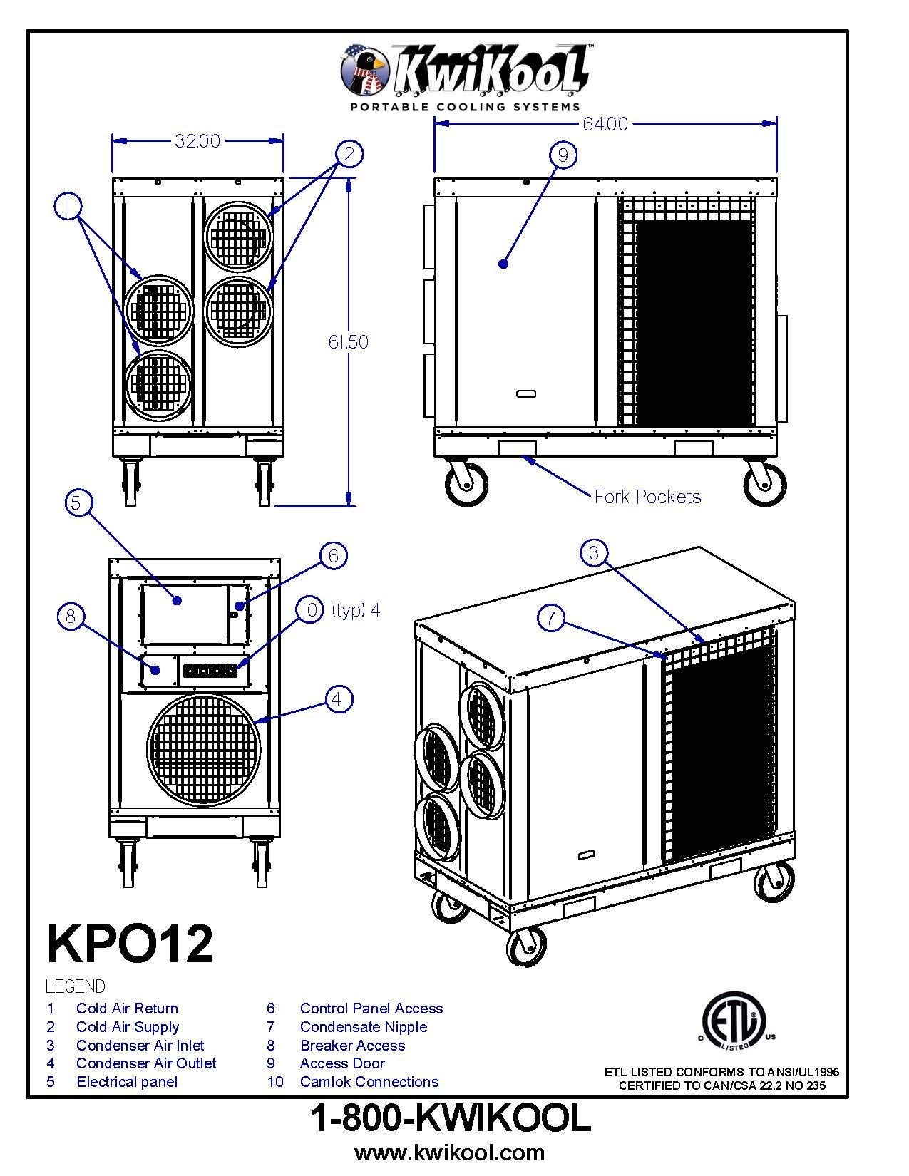 12-Ton Portable Air Conditioner for Indoor & Outdoor Use - KPO12-43 High-Efficiency Air-Cooled AC Unit | Perfect for Warehouses, Garages, and Large Spaces