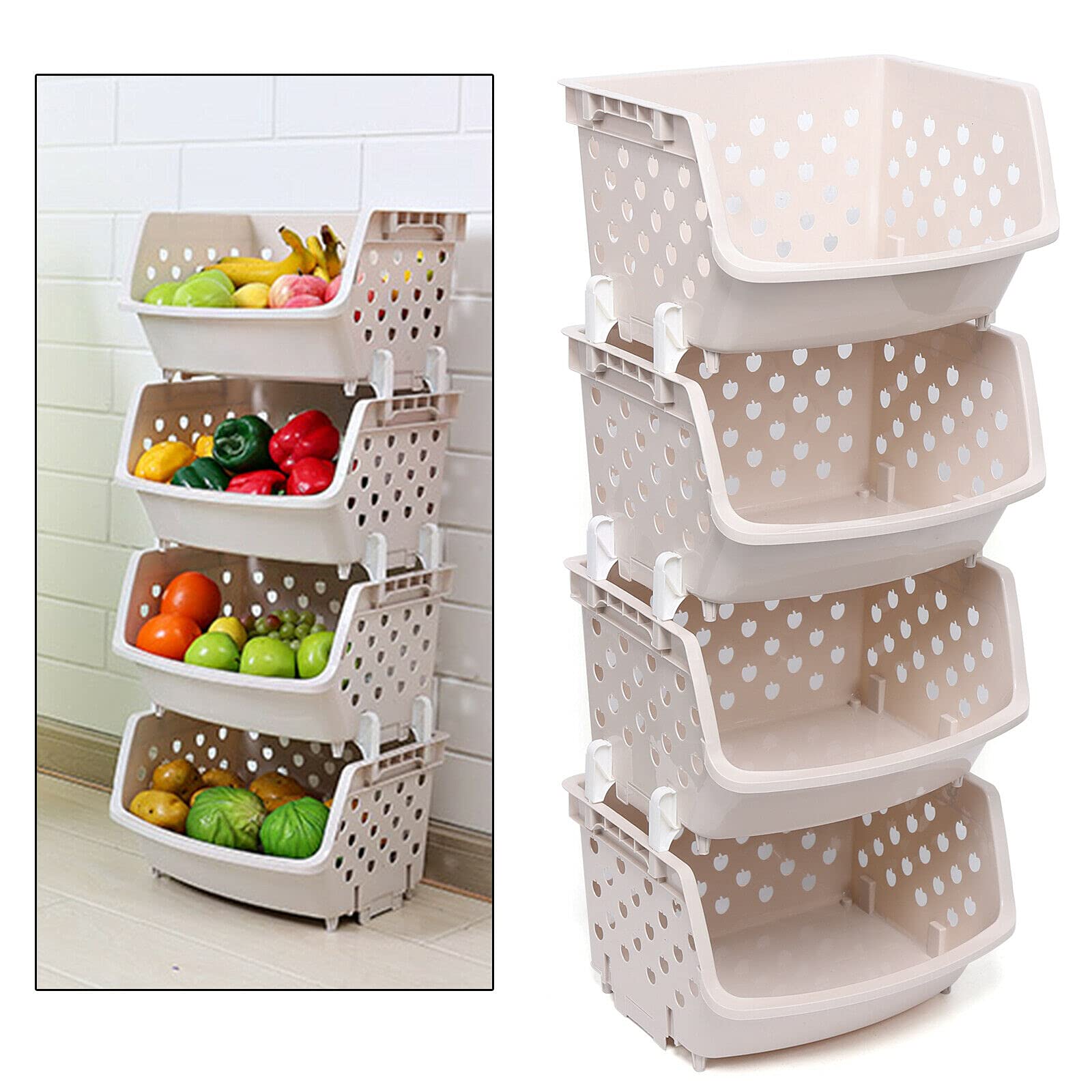 4-Tier Plastic Stacking Storage Shelf - Space-Saving Organizer for Fruits, Vegetables, Kitchen, Bathroom & Pantry - Durable Stackable Rack for Toys, Toiletries & Closet Organization - Rustproof Beige Design - Perfect for Small Spaces & Home Organization