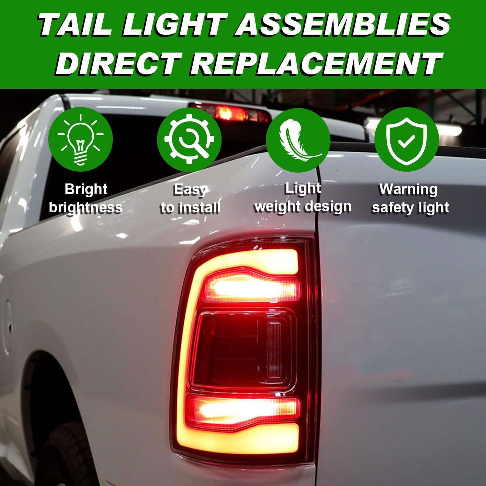 LED Tail Lights Assembly for Ram 1500 (2019-2022) - Driver Side, Black Smoke, No Blind Spot - Replacement for 55112993AB - Enhanced Visibility & Safety for Night Driving & Towing