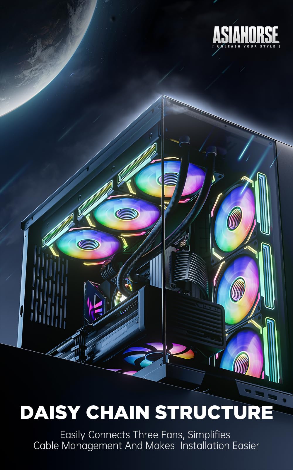 AsiaHorse COSMIQ 120mm RGB PC Case Fans - 5V 3-PIN ARGB PWM Daisy Chain Cooling Fans with Controller for Computer Cases, CPU Coolers & Liquid Cooling Systems (3-Pack, Black) - Perfect for Gaming PC Builds, Custom RGB Setups & High-Performance Cooling