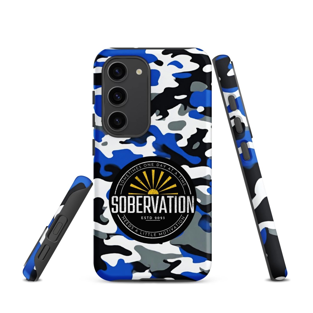 Sobervation Blue Camo Samsung Galaxy Phone Case - Durable Protective Cover for Samsung S23/S22/S21 - Perfect for Recovery & Sober Living Support