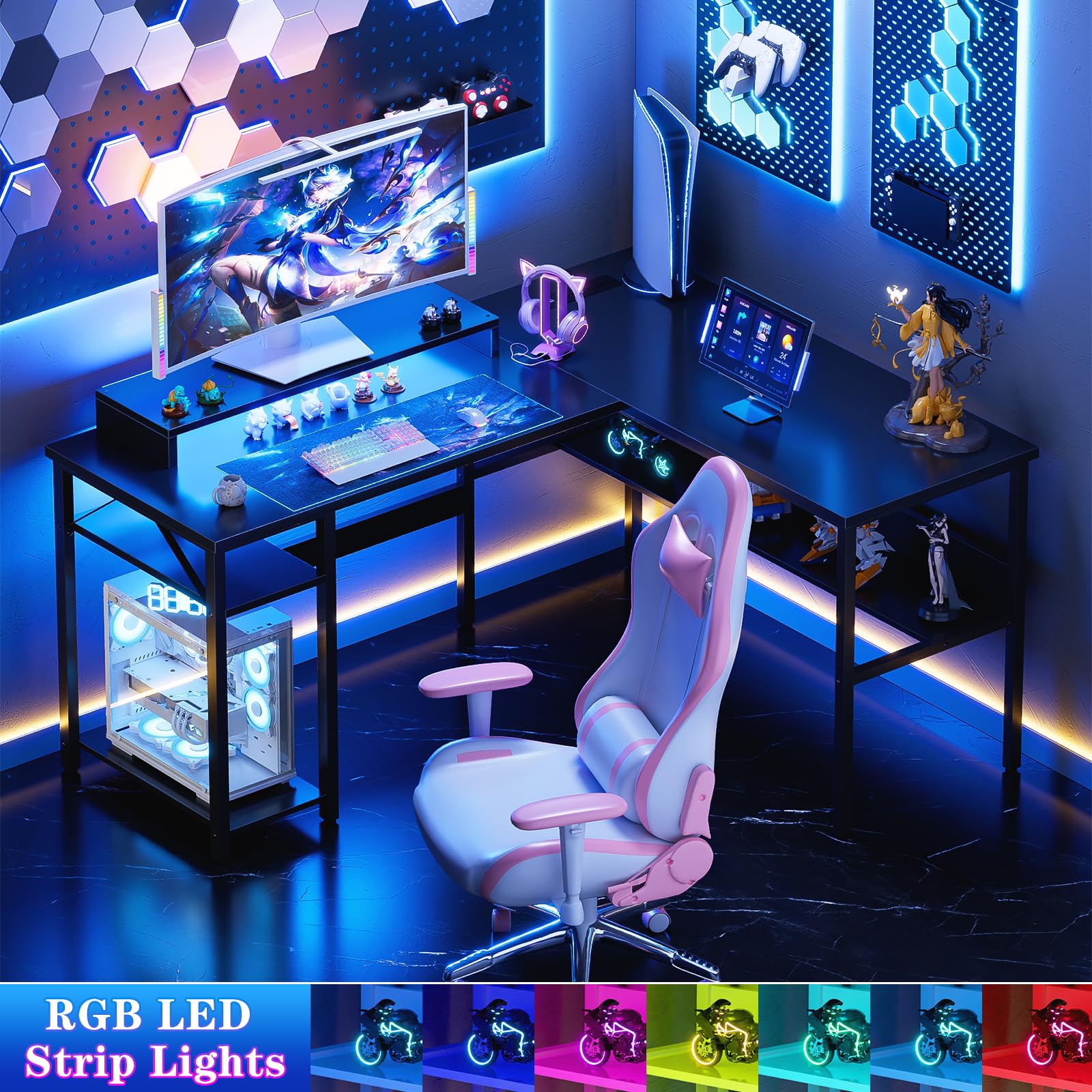 Reversible L-Shaped Desk with USB Power Outlets & LED Light - Sturdy Corner Computer Desk with Monitor Stand & Storage Shelves - Gaming & Home Office Desk - Easy Assembly - Black - Perfect for Small Spaces & Multi-Monitor Setups