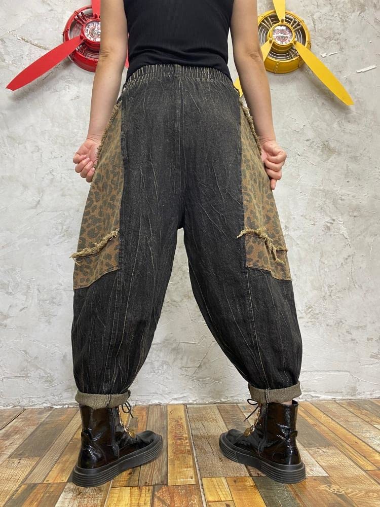 Distressed Denim Pants for Women - Raw Edge Splice Elastic Waist Drop Crotch Trousers | Casual Streetwear, Spring & Fall Fashion | Perfect for Everyday Wear, Outings and Layered Outfits