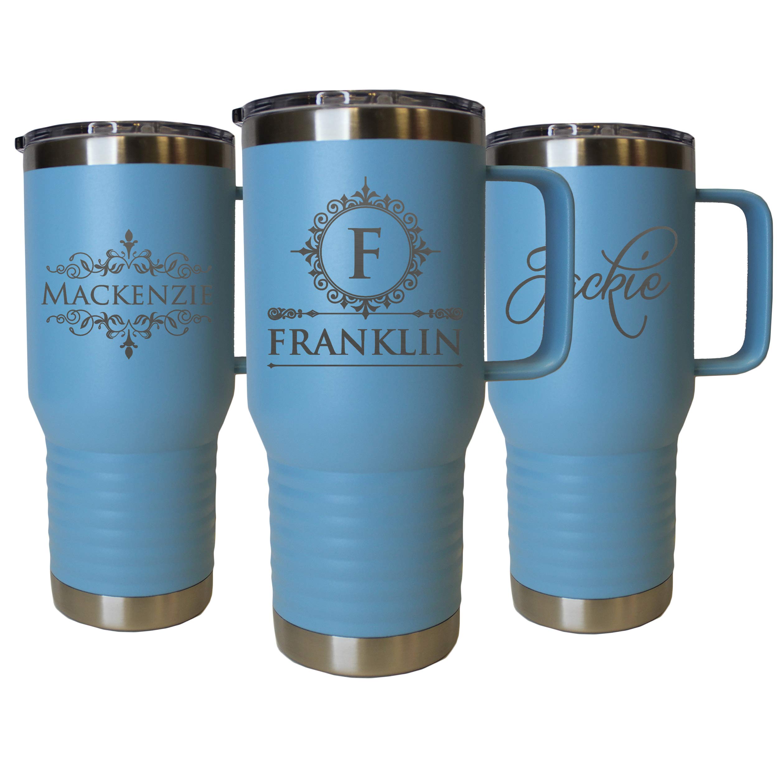 Custom Personalized 20oz Stainless Steel Powder Coated Vacuum Insulated Travel Tumbler - Double Wall Coffee Mug with Handle & Lid (Carolina Blue) - Perfect for Office, Camping & Commuting