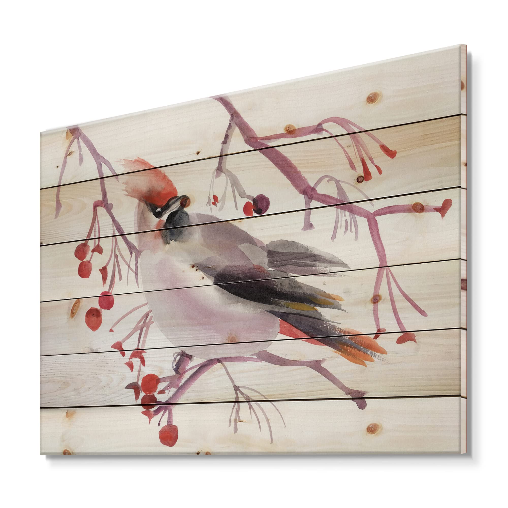 DesignQ Waxwing Bird on Branch Traditional Wood Wall Art - Handcrafted Red Wood Decor, Large Animal Print on Natural Pine Wood Panel - Perfect for Living Room, Bedroom & Office Decor