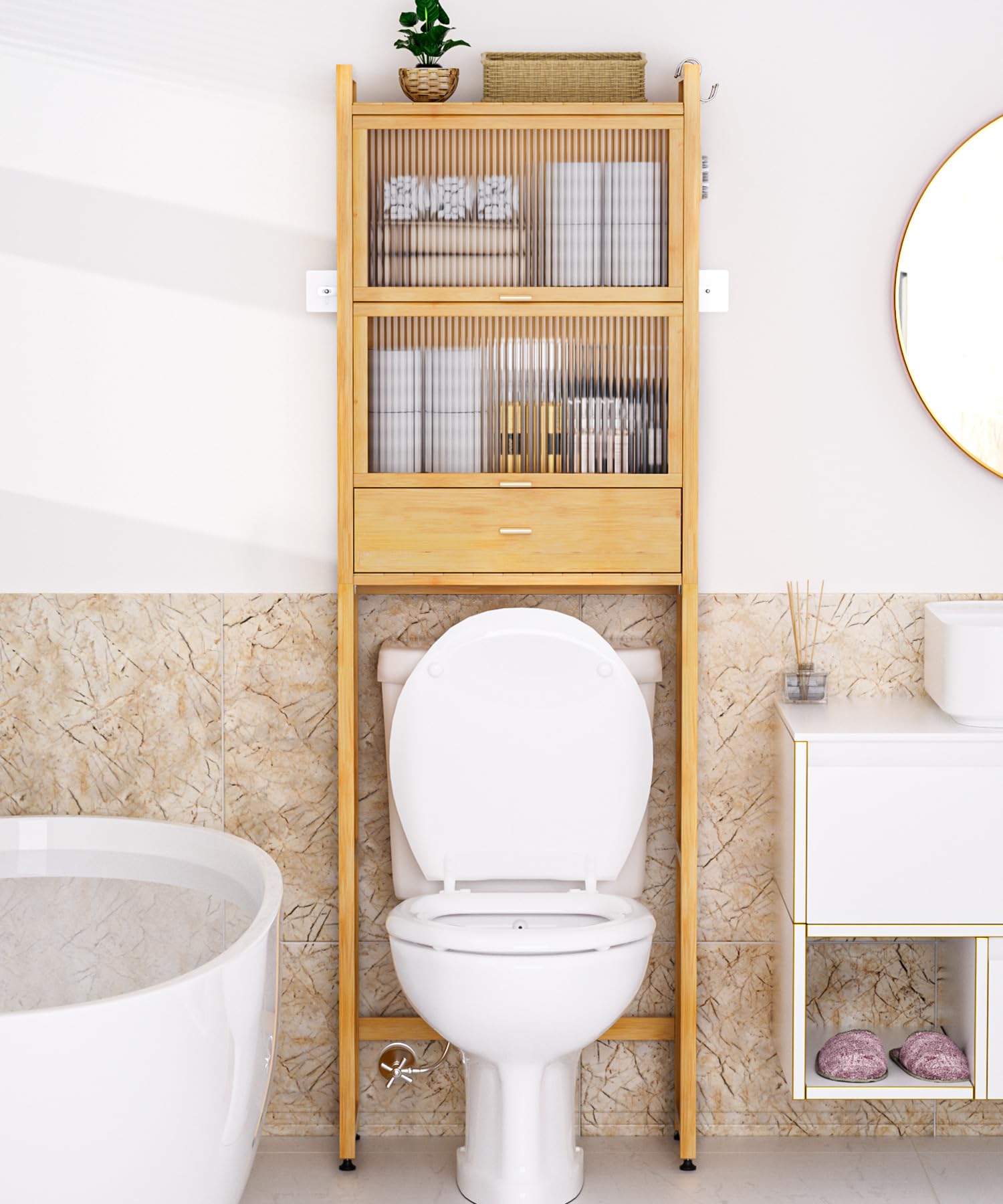 Over The Toilet Storage Cabinet with Drawer & Flip Door - Bamboo Bathroom Organizer Shelf | Anti-Tip Design, Waterproof Feet | Freestanding Space Saver for WC (Natural) - Perfect for Small Bathrooms, Apartments & Powder Rooms
