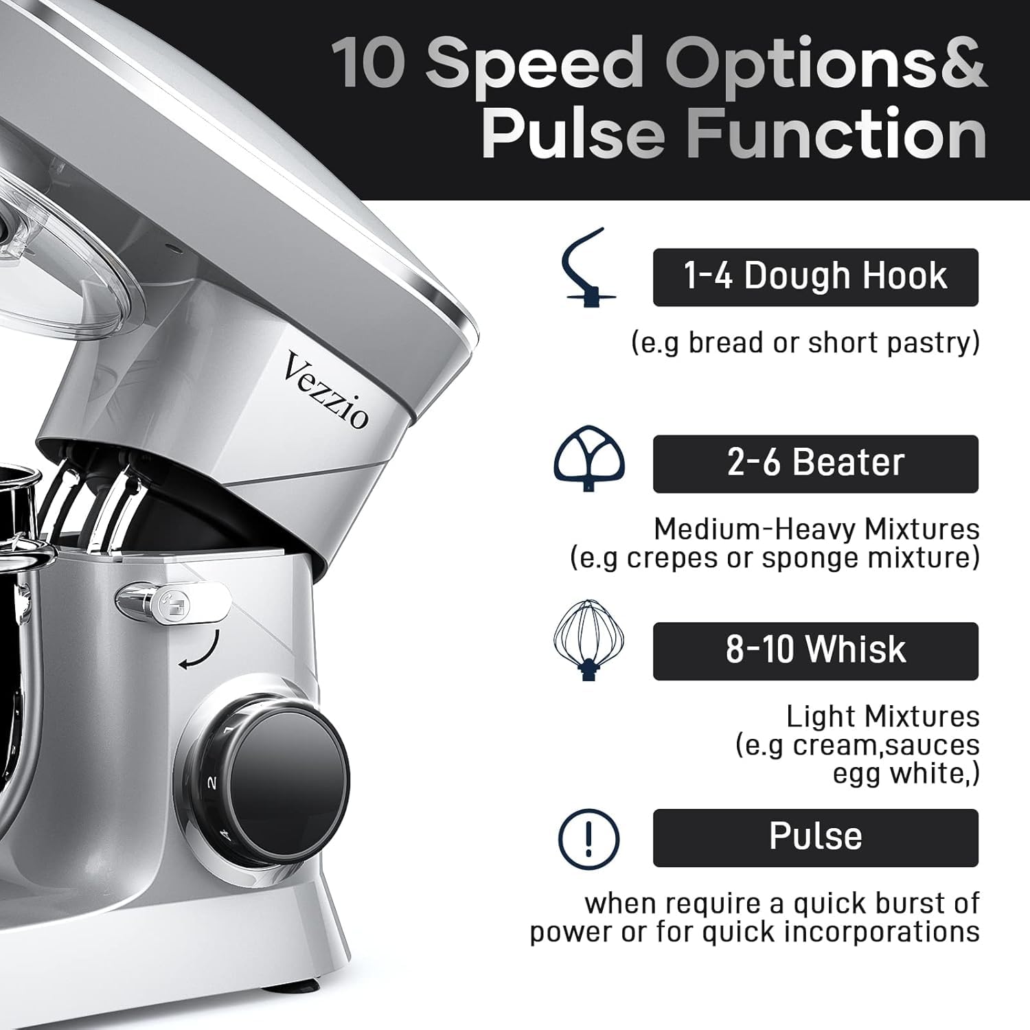 Vezzio 660W 10-Speed Tilt-Head Stand Mixer with 9.5 Qt Stainless Steel Bowl - Dishwasher-Safe Attachments for Baking, Whipping & Kneading - Perfect for Home Bakers & Cooking Enthusiasts (Silver)