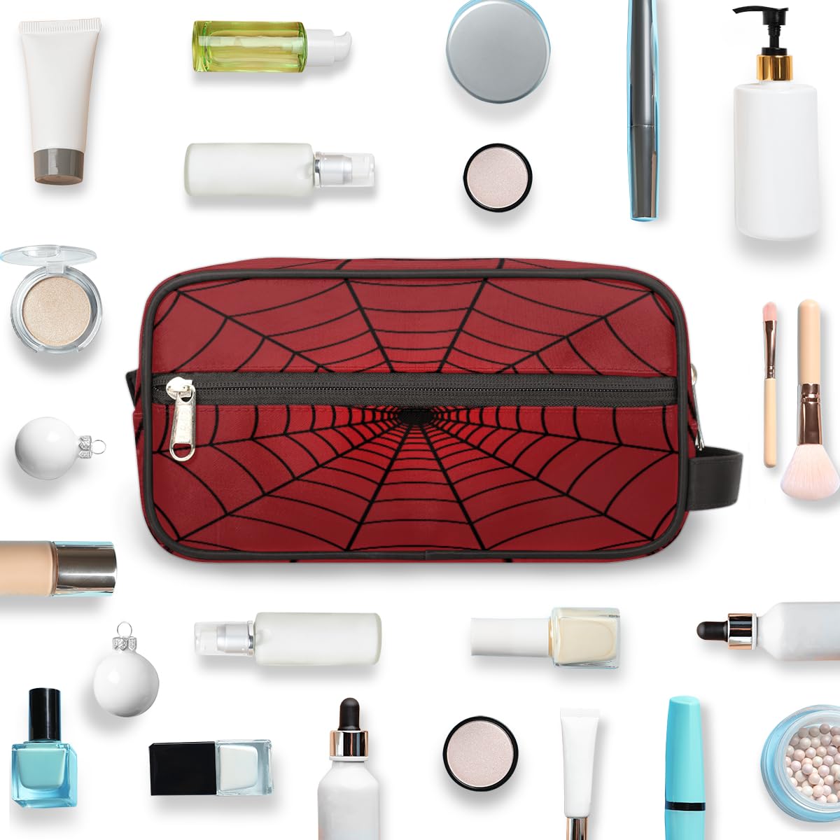 Waterproof Hanging Toiletry Bag for Travel - Red Spiders Web Cosmetic Organizer, TSA Approved Makeup & Hygiene Dopp Kit - Perfect for Shower, Bathroom & Carry-On Accessories (Ideal Gift for Travelers)