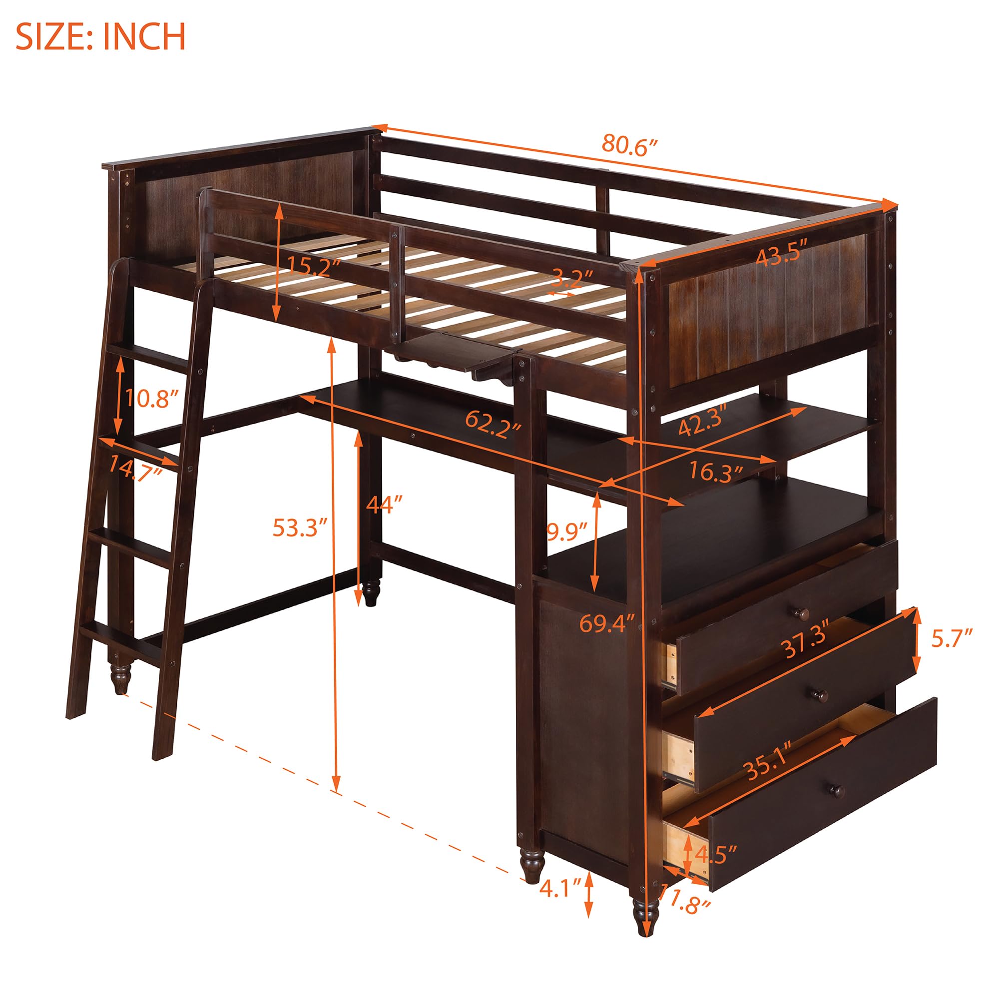 Harper & Bright Designs Twin Size Wooden Loft Bed with Desk, Dresser & Storage Drawers - Space-Saving Study & Sleep Solution for Kids, Teens & Adults - No Box Spring Needed - Espresso Finish - Perfect for Small Bedrooms, Dorm Rooms & Studio Apartments