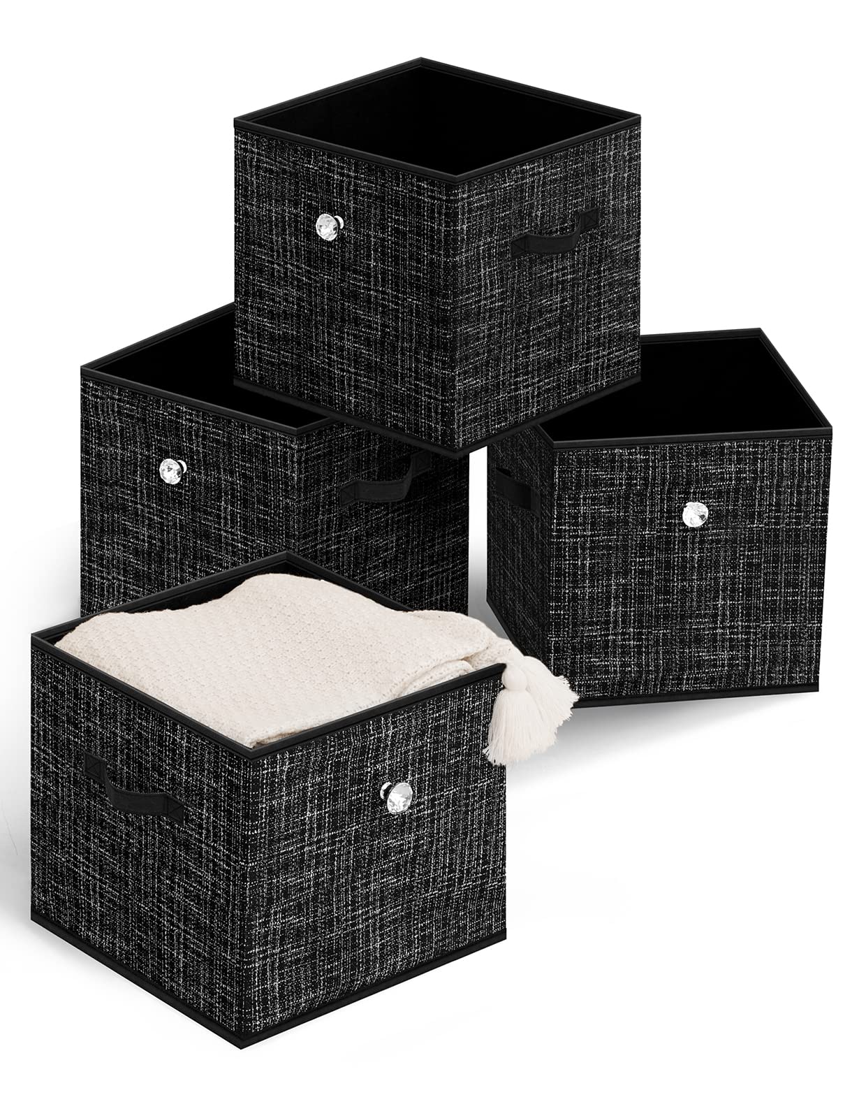 Foldable Fabric Storage Cubes & Bins - 13 Inch Closet Organizer with Decorative Knob & Dual Handles - 4 Pack Black Grid Storage Baskets for Nursery, Home Office, Bedroom & Closet Organization - Perfect for Kids' Toys, Books, Blankets & Home Decor Storage