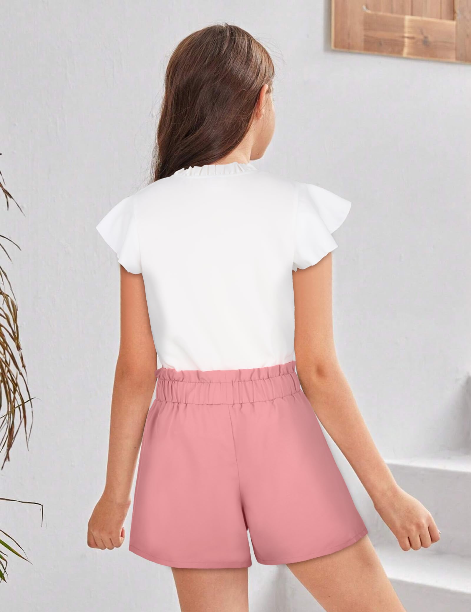Girls Summer Outfits - V Neck Ruffle Short Sleeve T-Shirt & Casual Shorts Set for Ages 7-14 | Cute Playtime & Beach Vacation Outfits