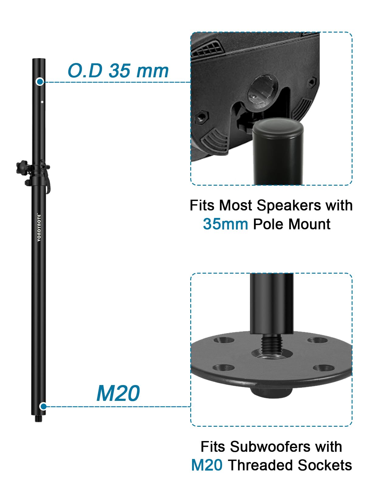 2 Pack Adjustable Speaker Pole for Subwoofer - Compatible with M20 Threaded & 35mm Mount - Perfect for Home Theater, DJ Setup & Live Sound Systems