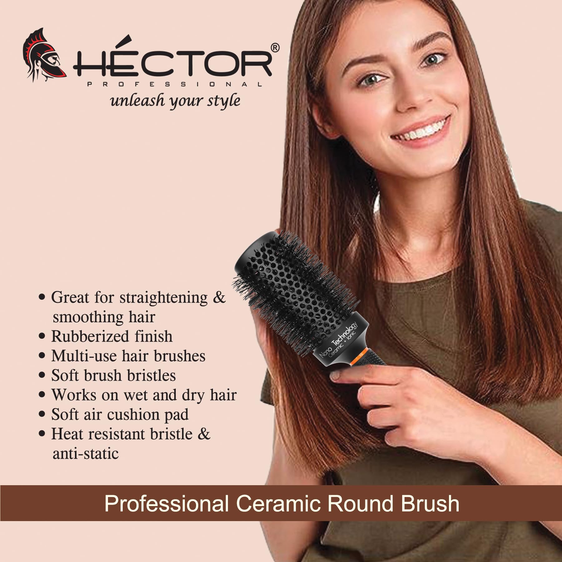 Hector Professional Heat Resistant Nylon Bristles Round Hair Brush 32mm - Anti Static Technology for Salon & Home Use - Perfect for Blowouts, Styling & Smoothing Hair
