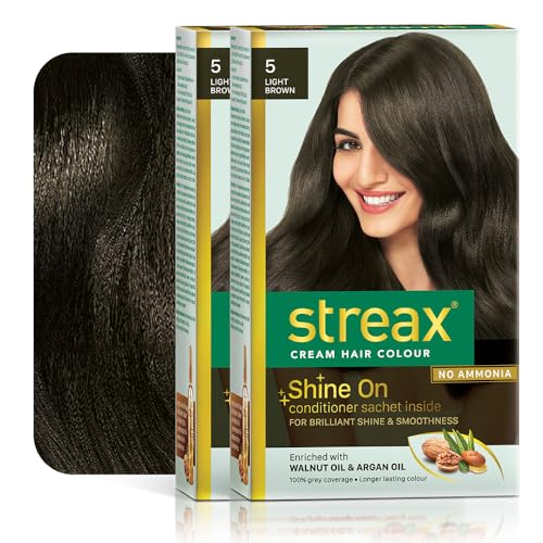 Streax Permanent Hair Color Cream - 100% Gray Coverage with Argan & Walnut Oil - Long Lasting Brown Hair Dye for Women - Light Brown Shade (5) - 120ml (Pack of 2) - Perfect for At-Home Hair Coloring & Salon-Quality Results