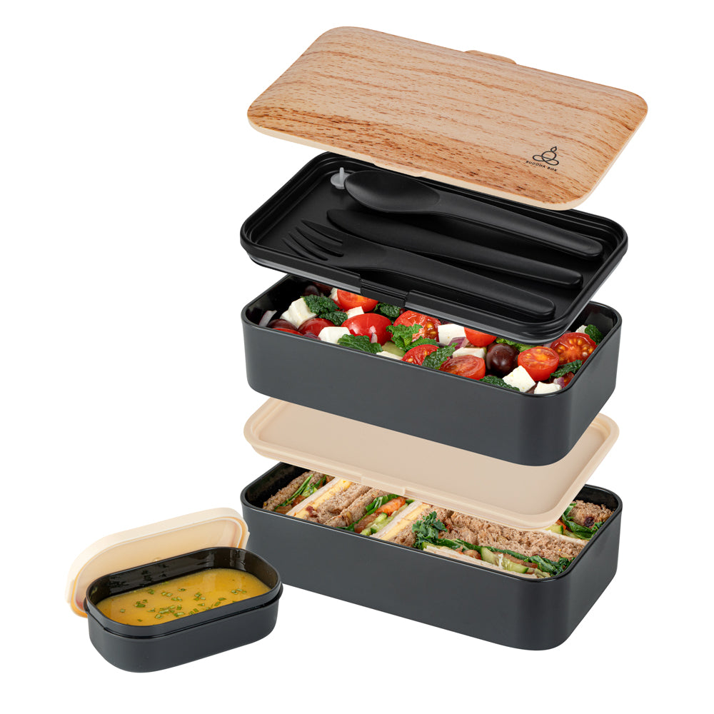 Bento Tek 41oz Wood Grain & Black Buddha Lunch Box with Utensils & Sauce Cup - 7.25