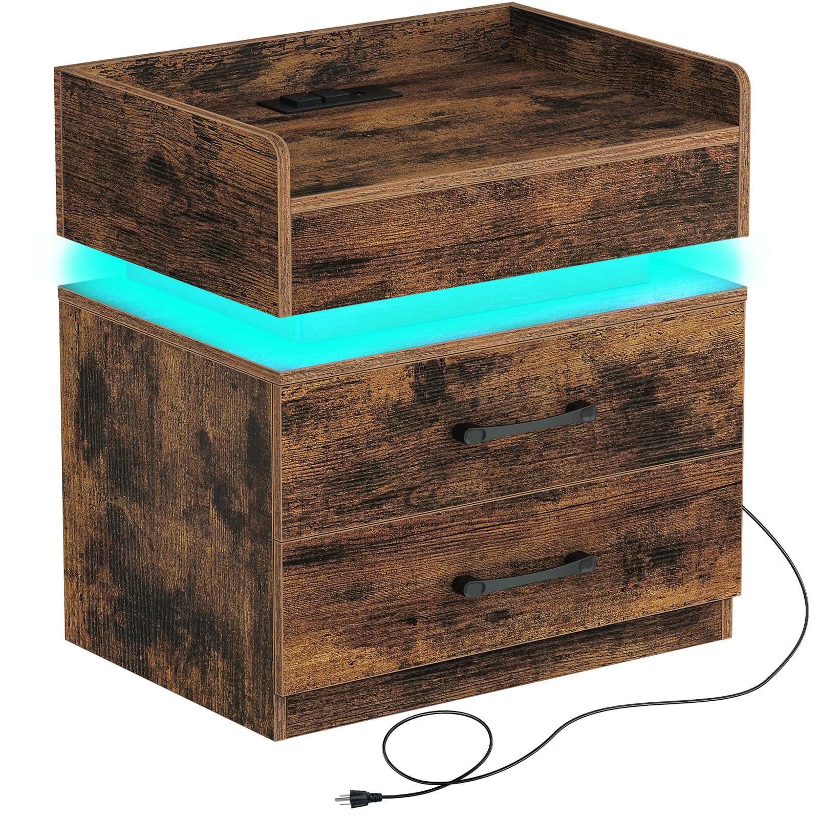 Rustic Brown Nightstand with USB Charging Station & LED Lights - 2-Drawer Bedside End Table for Bedroom - Perfect for Phone Charging, Reading Light & Bedroom Storage