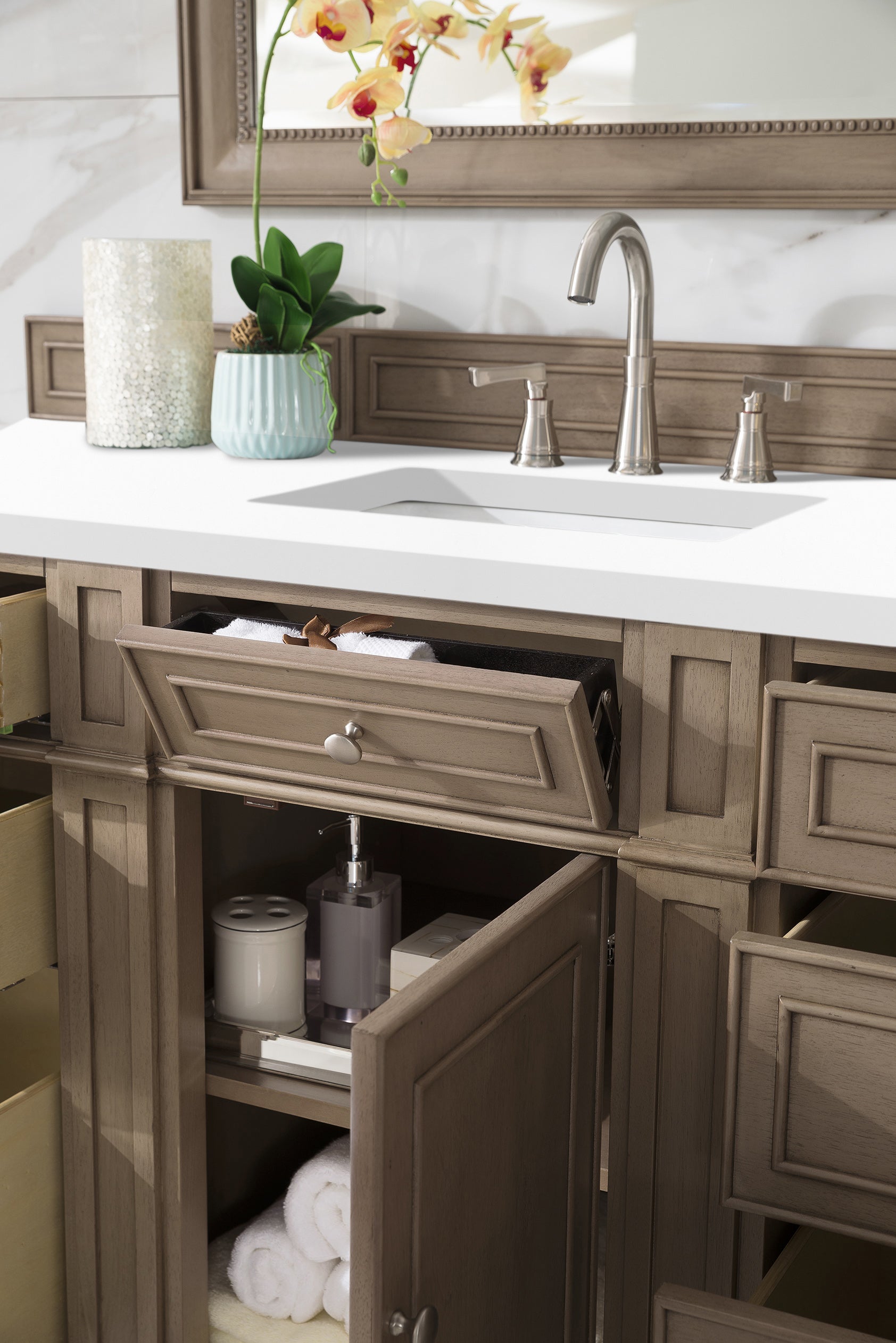 Bristol 60 Inch Single Bathroom Vanity Set with Whitewashed Walnut Finish & 3CM Classic White Quartz Countertop - Perfect for Modern Farmhouse, Coastal, or Transitional Bathroom Designs