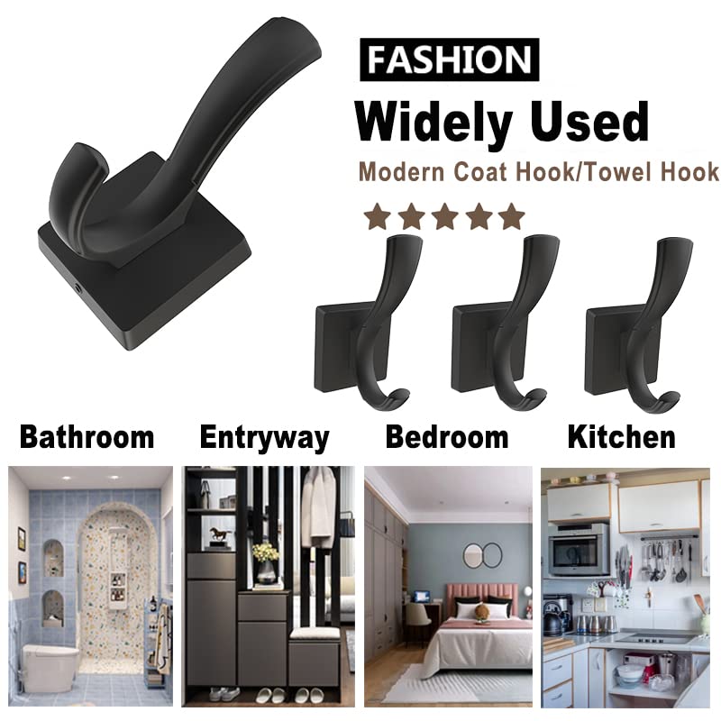 Black Wall Hooks 5-Pack - Towel, Coat & Backpack Hanger for Bathroom & Entryway