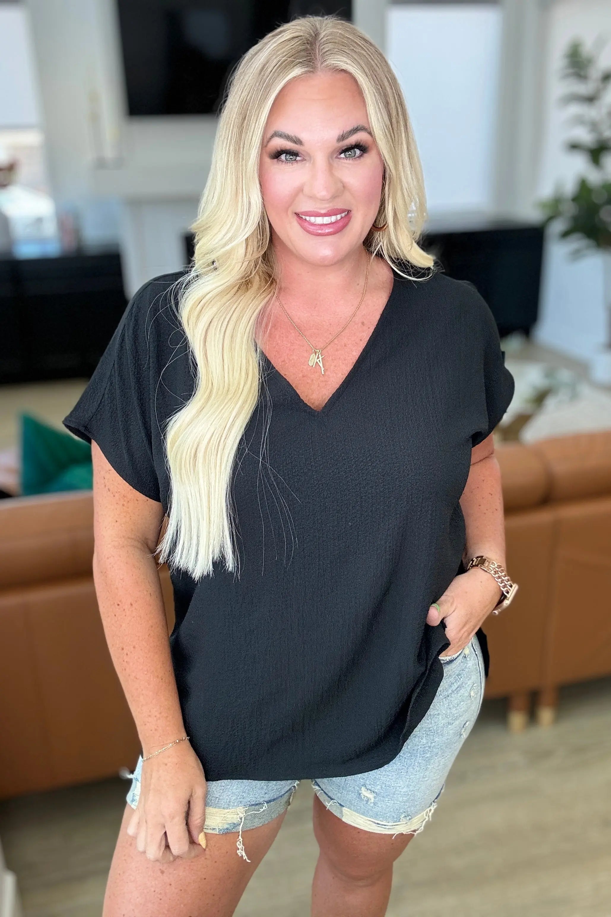 Let Me Be Your Wings V Neck Top - Black Women's Casual T-Shirt for Everyday Wear & Layering | Perfect for Work, Dates, and Outings