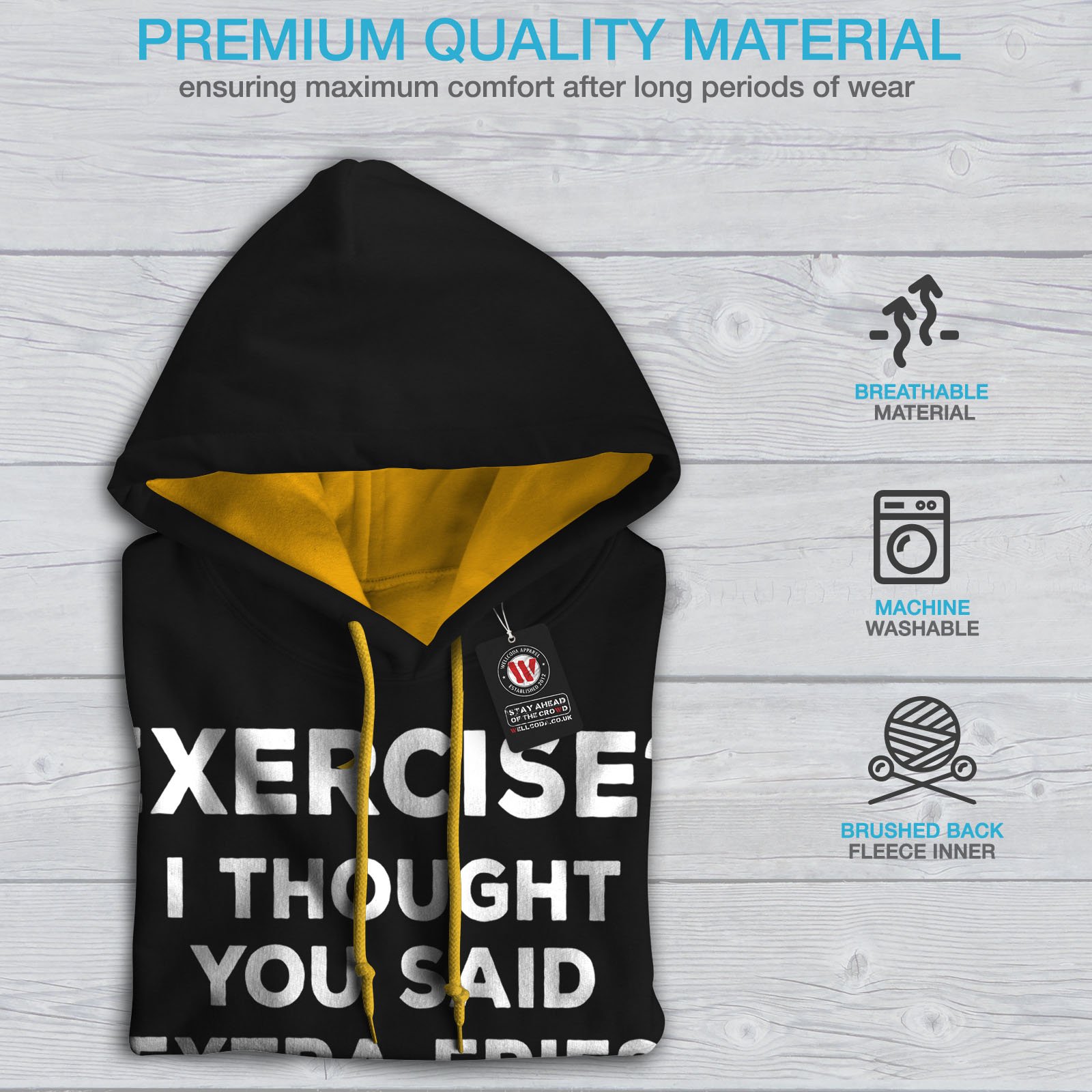 Wellcoda Men's Contrast Hoodie with Extra Fries Print - Funny Pun Hooded Jumper for Gym, Workout & Casual Wear