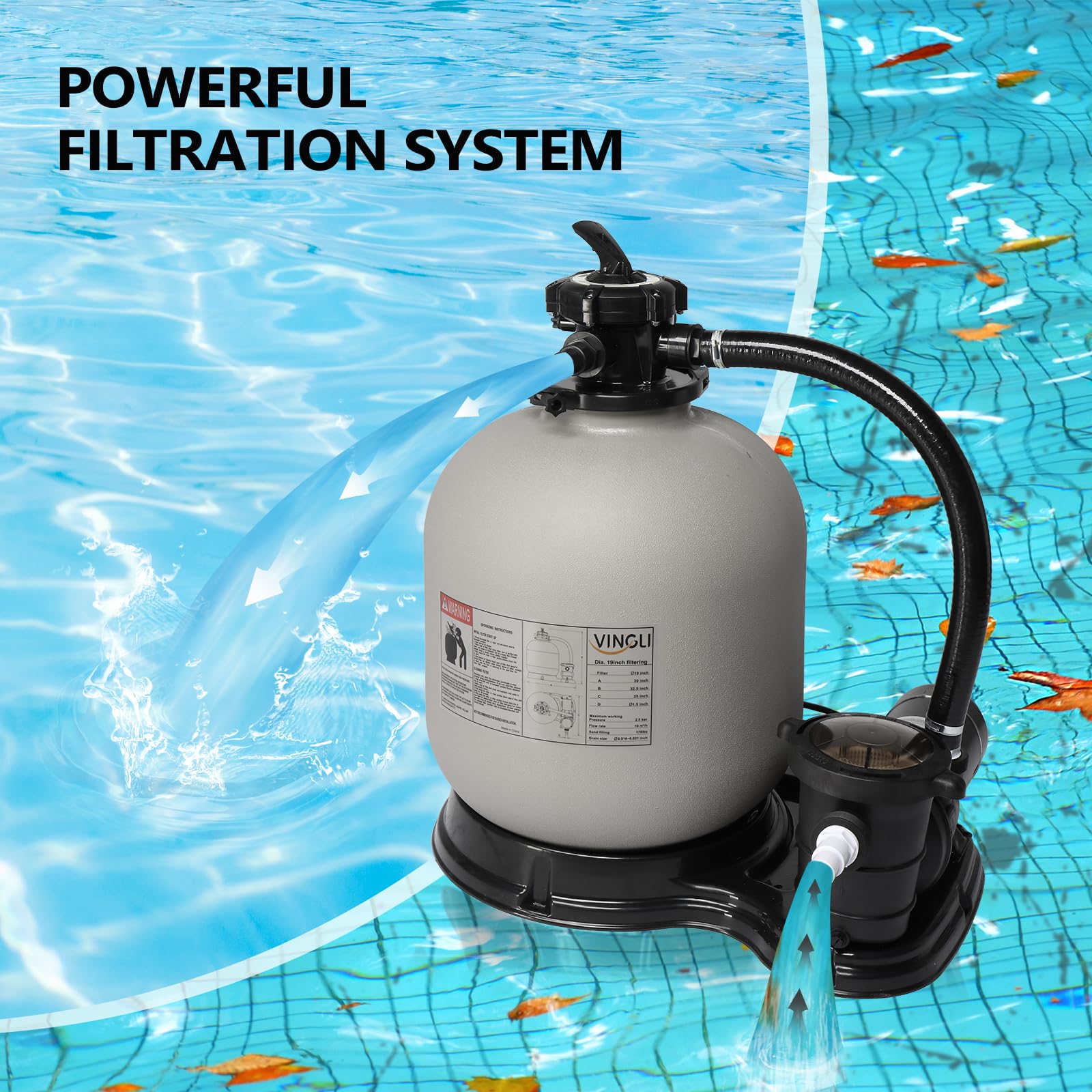 VINGLI 19 Inch Sand Pool Filter Tank - 3500 GPH High Flow Above Ground & Inground Swimming Pool Filter System | Perfect for Backyard Pools, Water Filtration & Maintenance