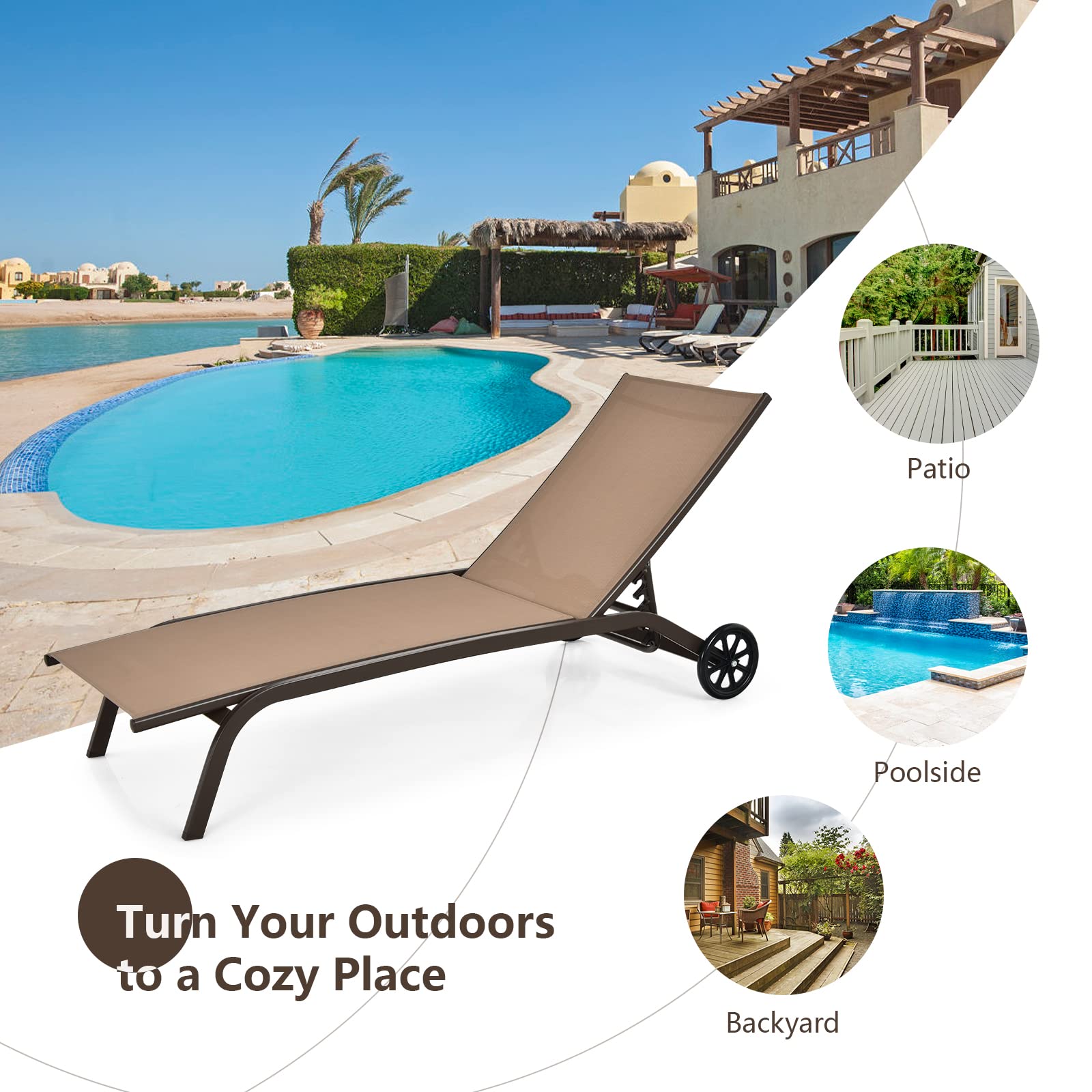 Tangkula Outdoor Chaise Lounge Chair - 6-Position Adjustable Patio Recliner with Breathable Fabric & Smooth Wheels - Brown (Set of 2) - Perfect for Poolside, Backyard, Garden Relaxation & Sunbathing