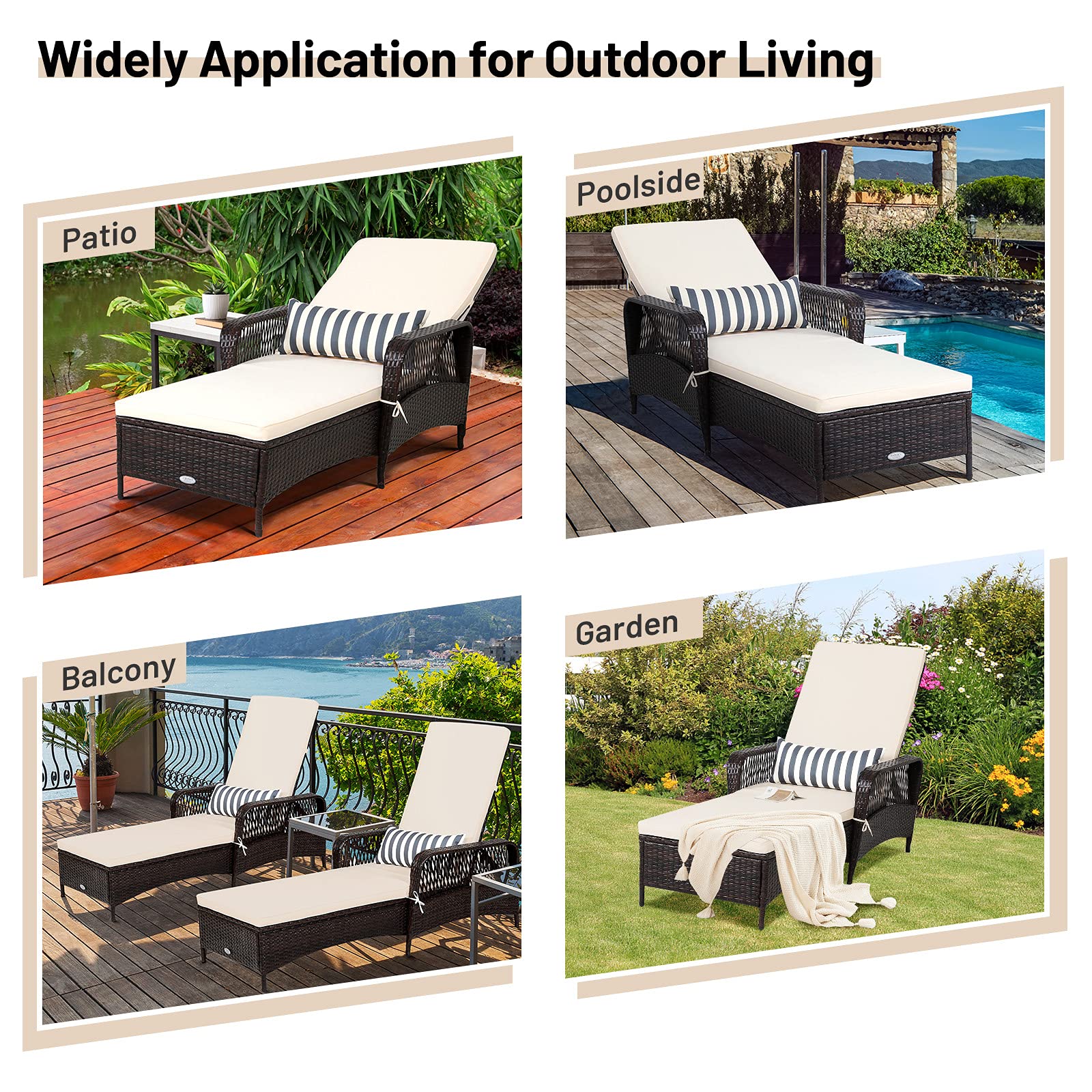 RELAX4LIFE PE Rattan Chaise Lounge - Outdoor Recliner Chair with Thick Cushion & Lumbar Pillow, 6-Position Adjustable Backrest, Non-Slip Foot Pads - Perfect for Sunbathing, Poolside Relaxation, Patio, Garden & Backyard Lounging (White)