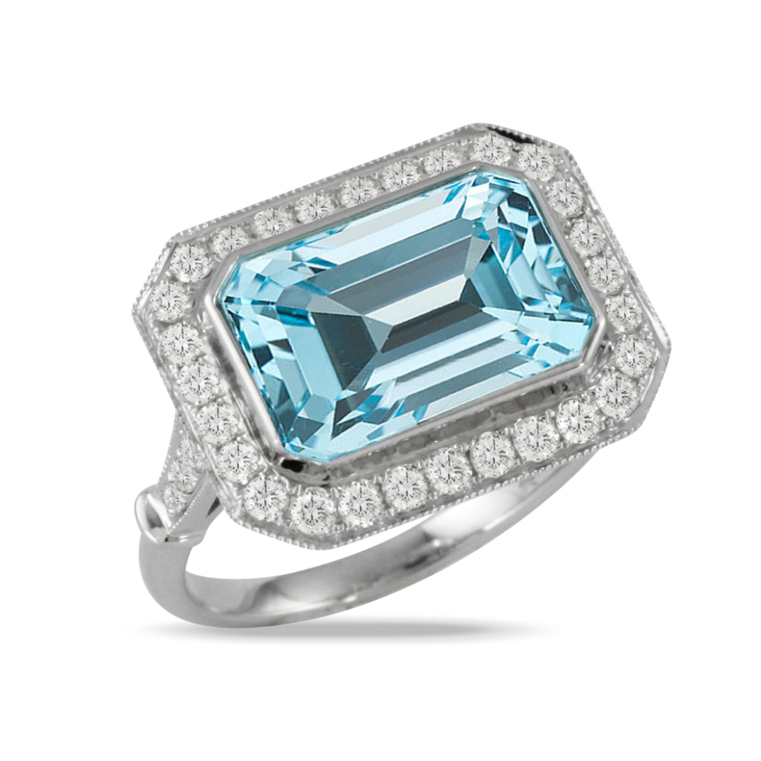 Emerald Cut Blue Topaz & Diamond Milgrain 18K White Gold Ring for Women - Elegant Engagement, Wedding, Anniversary Jewelry Gift