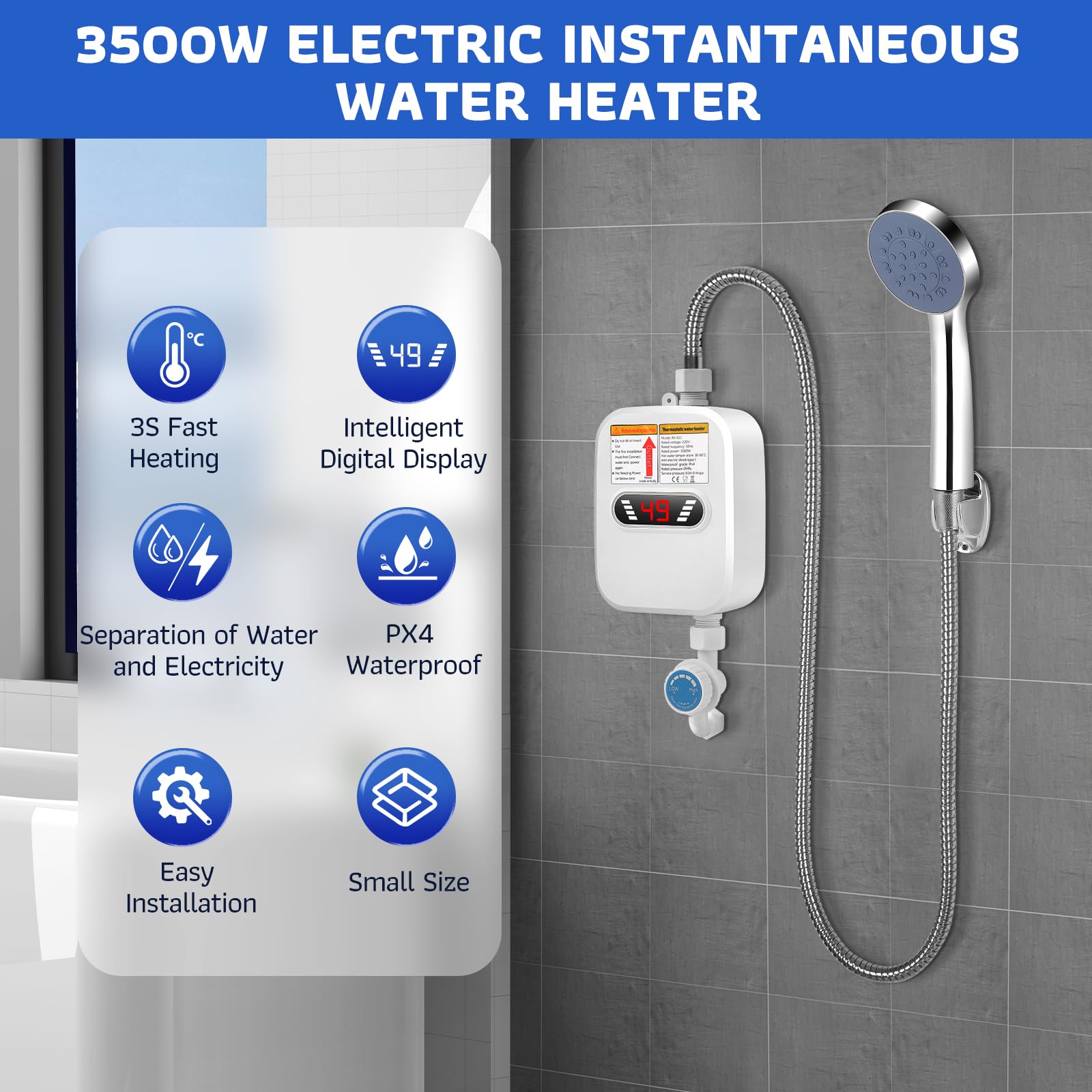 3500W Instant Electric Water Heater with LED Display - Mini Tankless Water Heater for Shower & Kitchen | Portable Hot Water Solution for Bathroom, RV, Camping & Small Spaces