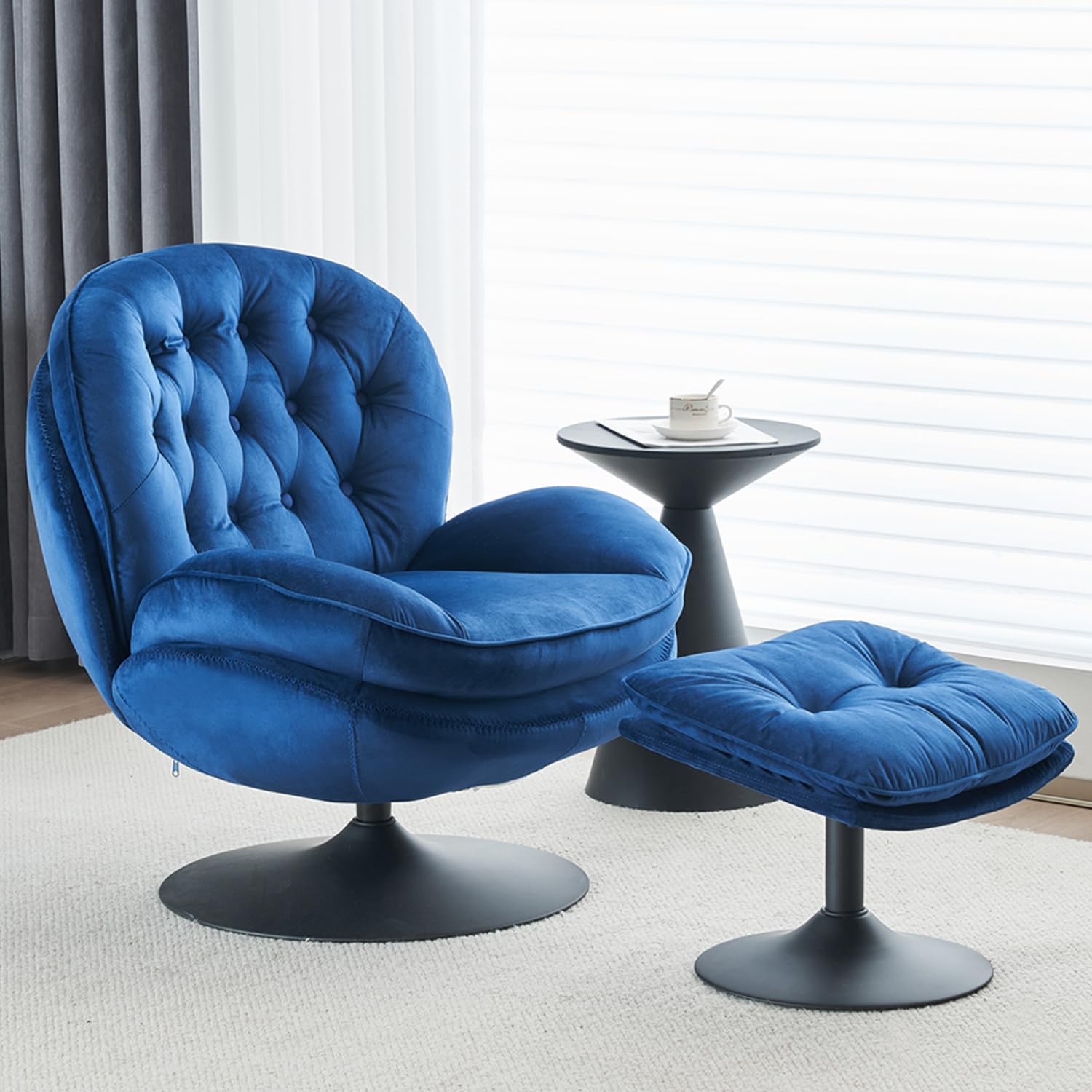 Velvet Swivel Accent Chair with Ottoman Set - Modern Tufted Armchair with Footrest for Living Room & Bedroom - 360 Degree Swivel Reading TV Chair for Adults - Blue Comfortable Lounge Chair for Relaxing, Entertaining & Home Decor