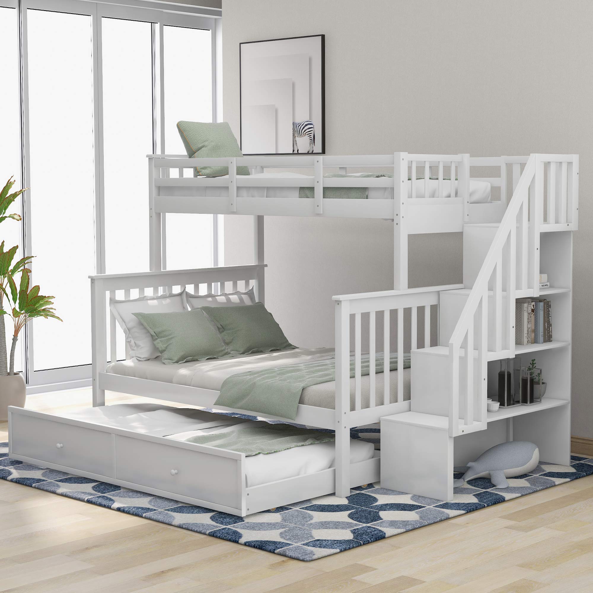 P PURLOVE Twin-Over-Full Bunk Bed with Trundle - Wooden Bunk Bed with Twin Size Pull-Out Bed & Side Storage - Space Saving Solution for Kids, Teens & Adults - Perfect for Small Bedrooms, Dorm Rooms & Guest Rooms