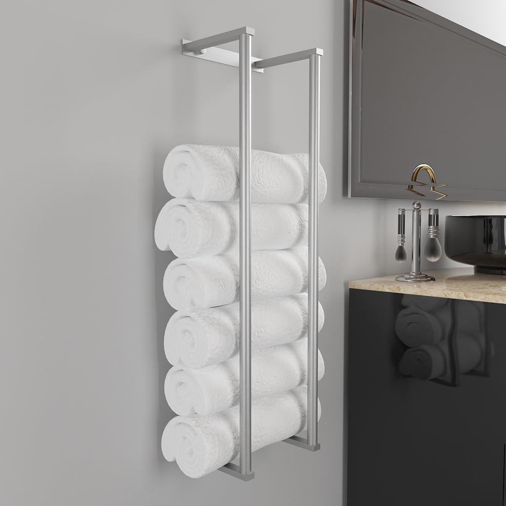 Premium Matte Black Stainless Steel Wall Mounted Towel Rack Organizer - Heavy Duty Bathroom Towel Holder for Rolling Towels, Space Saving Storage Solution for Bath, Spa & Gym - Keep Your Bathroom Clean & Organized (Black)