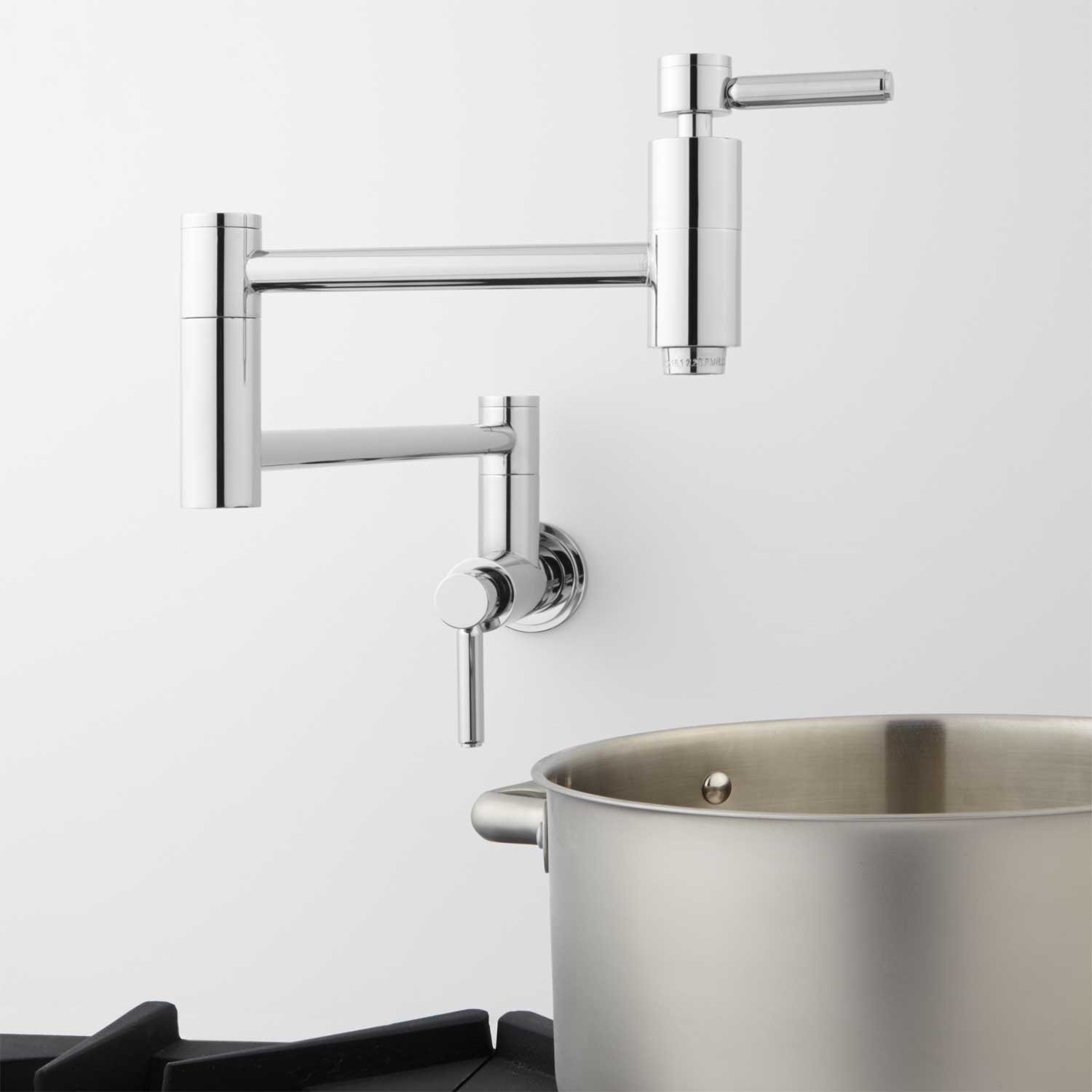 Signature Hardware 329627 Contemporary Brushed Nickel Wall Mounted Pot Filler Faucet - Double Handle Design for Kitchen Sink & Stove Area - Perfect for Cooking, Filling Large Pots & Home Renovation