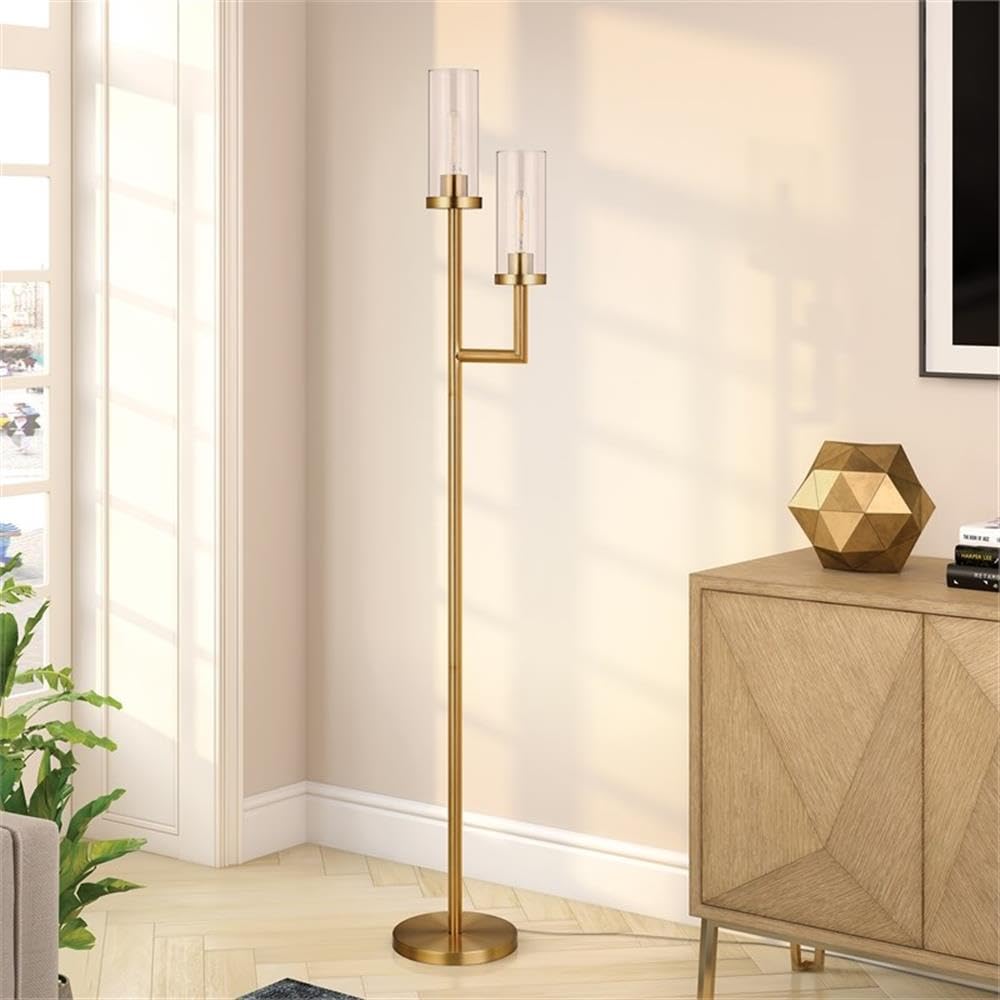 Henn&Hart 11 Inch Brass Floor Lamp with Glass Shade - Modern Lighting for Living Room, Bedroom, or Office Decor