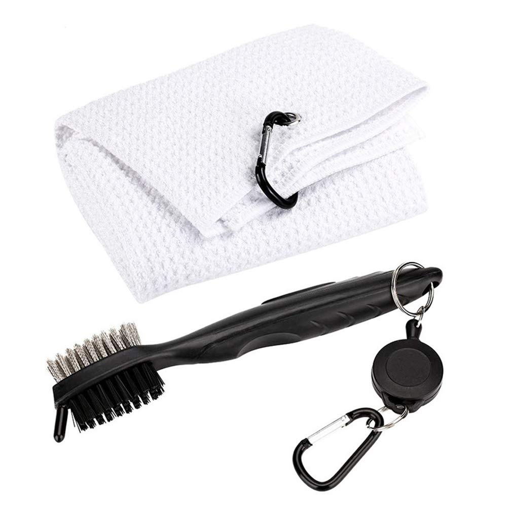 Lixada Golf Towel & Brush Kit - Lightweight Quick-Drying Tri-Fold Retractable Cleaning Tool with Clip | Perfect for Golf Course, Club Cleaning & Equipment Maintenance